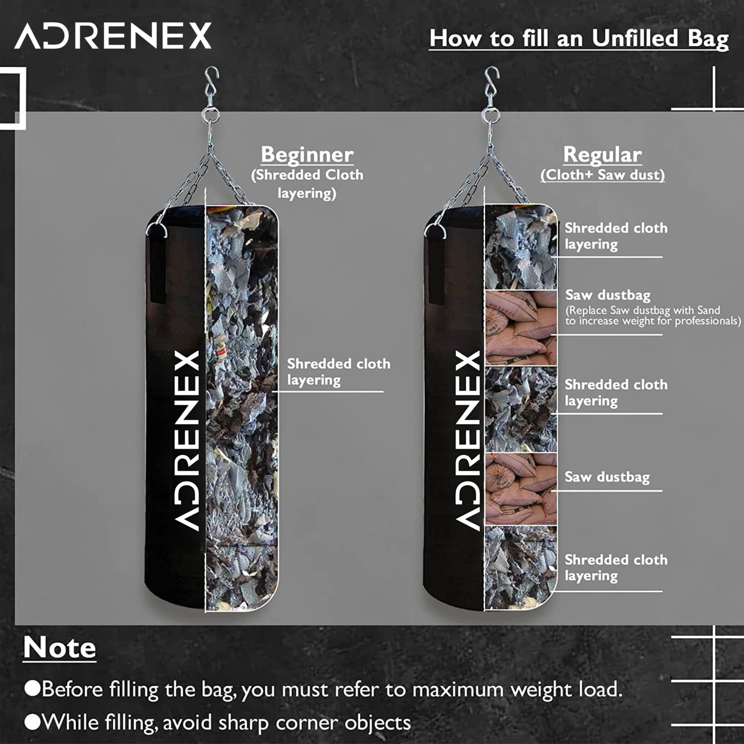 Image of Adrenex Unfilled Heavy Premium Boxing Bag with Hand Wrap and Chain For Fitness, Exercise Hanging Bag
