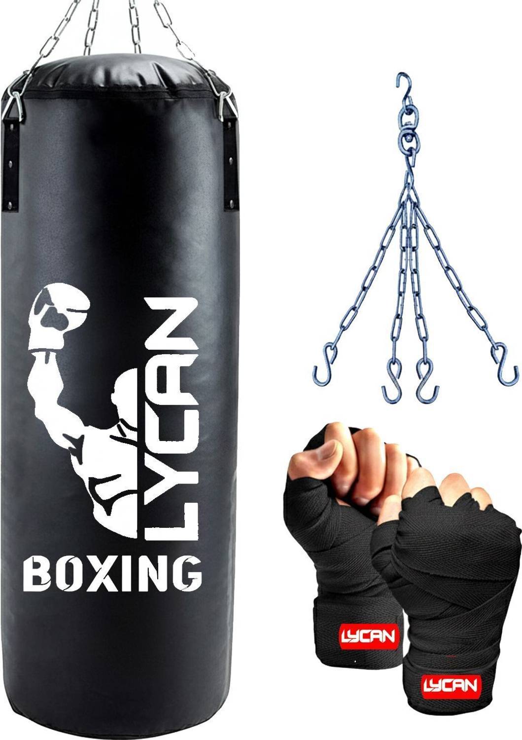 LYCAN 2Ft Black Boxing Bag with Chain & Hand Wrap - Image 1