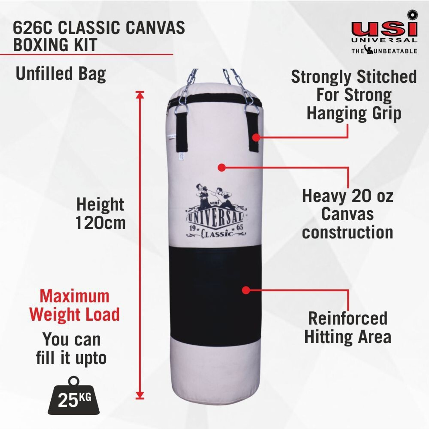 Image of usi Boxing Bag , Punching Bag , 626C Classic 120cm Canvas Filled Boxing Bag Hanging Bag