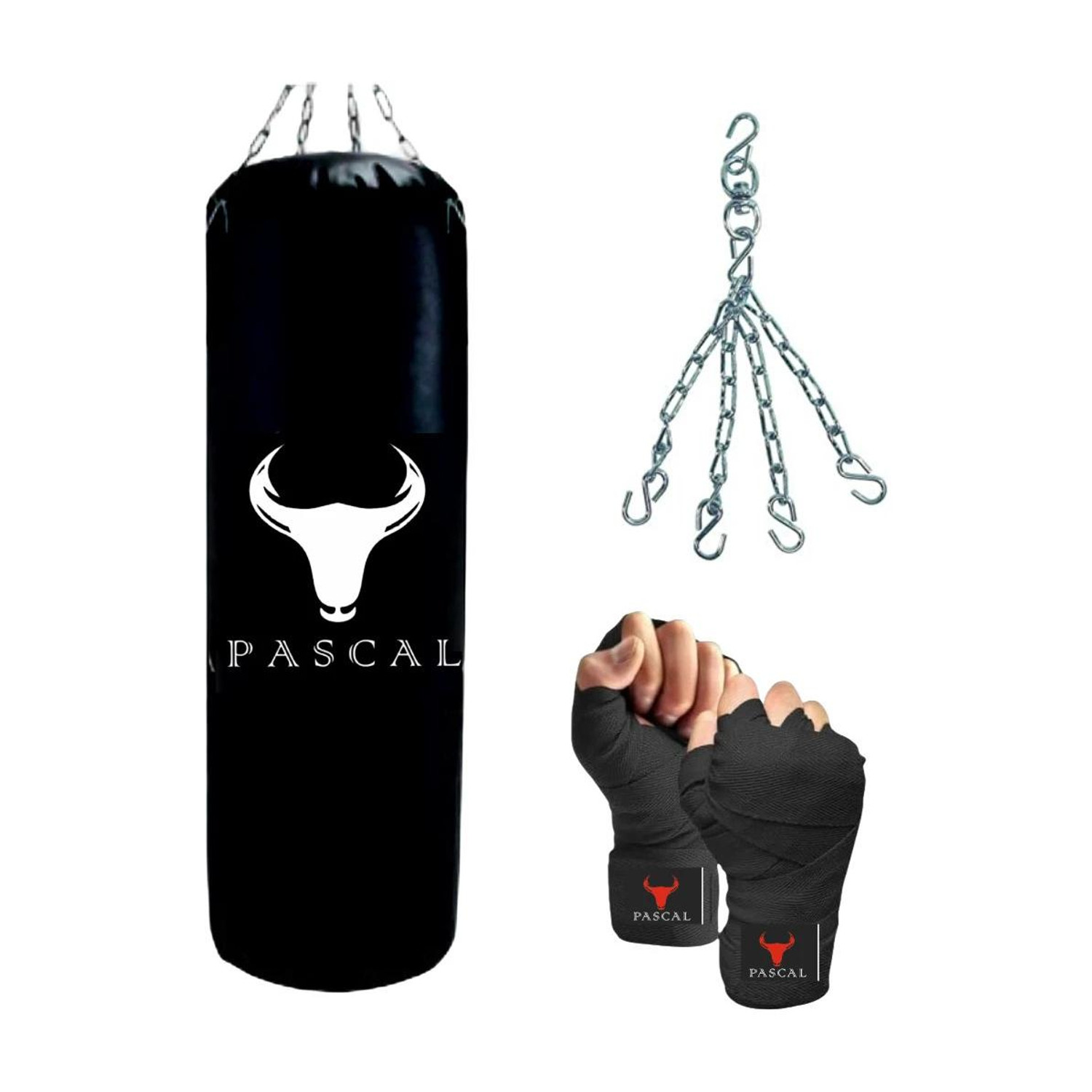 Pascal 2Ft Unfilled Black Professional Boxing Bag with Steel Chain & Hand wrap Hanging Bag