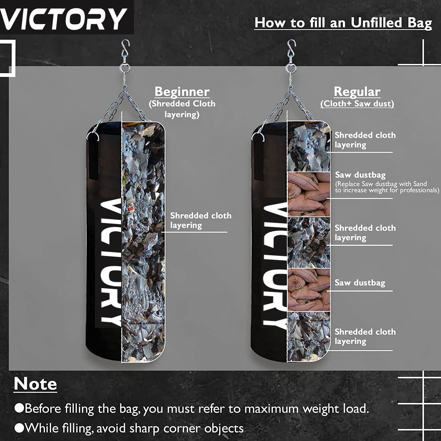 VICTORY Unfilled Heavy Boxing Bag with Hand Wrap and Chain - Image 2