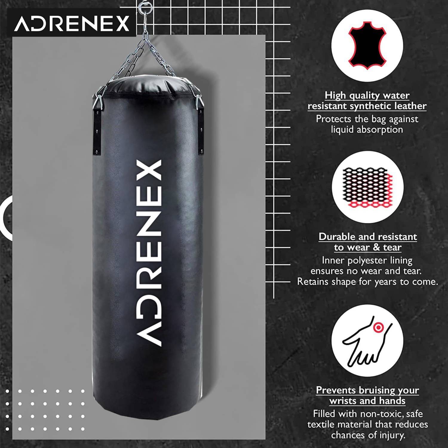Adrenex Heavy Premium Boxing Bag with Hand Wrap and Chain - Image 2