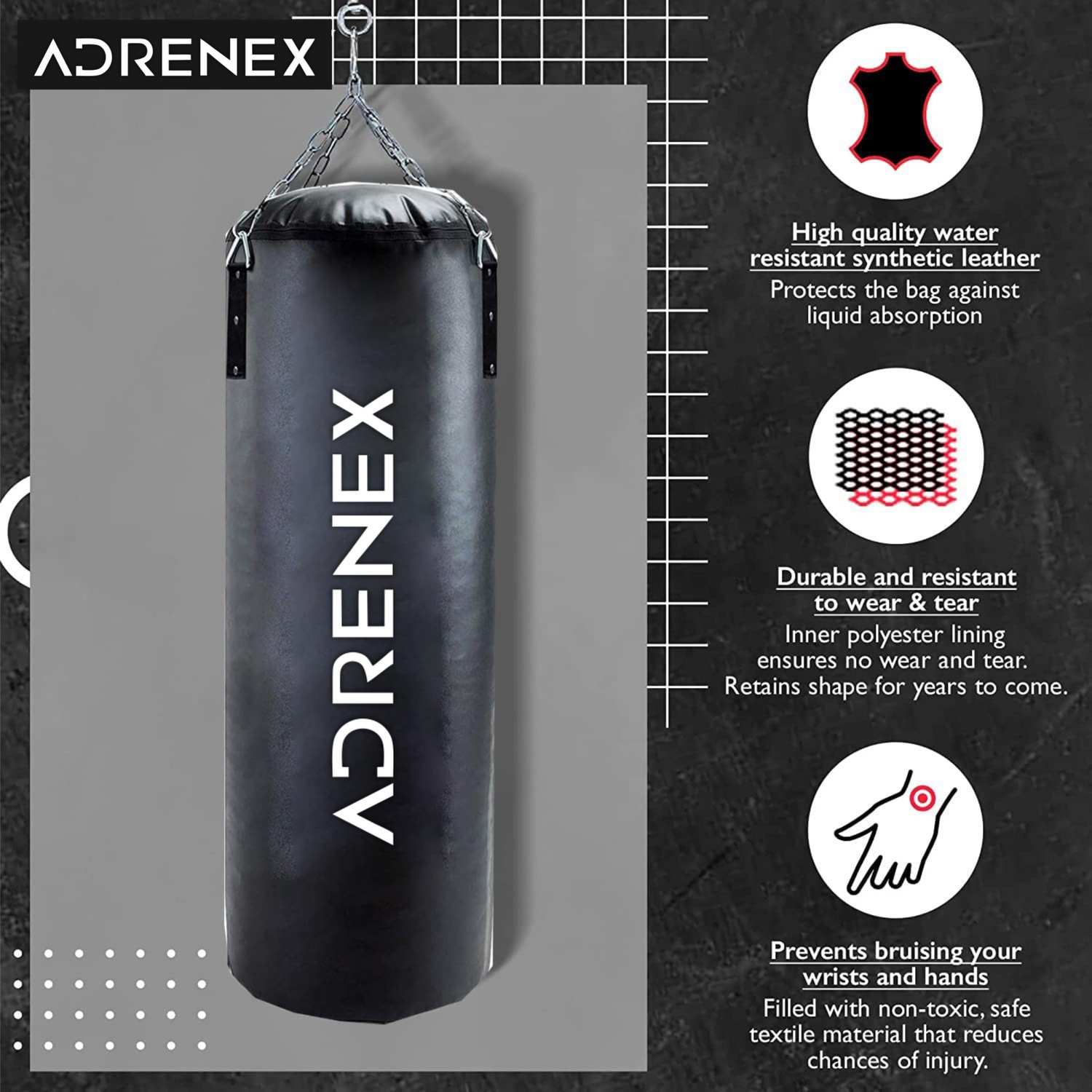 Image of Adrenex Unfilled Heavy Premium Boxing Bag with Hand Wrap and Chain For Fitness, Exercise Hanging Bag
