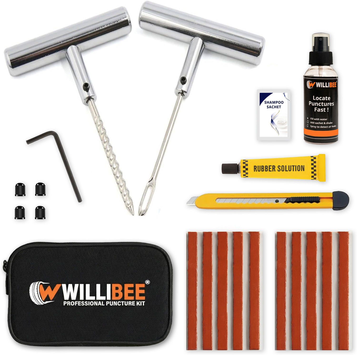 Image of WILLIBEE 10-in-1 Heavy Duty Metal Set (10 Puncher Strips) for Bike & Car (Storage Bag) Tubeless Tyre Puncture Repair Kit