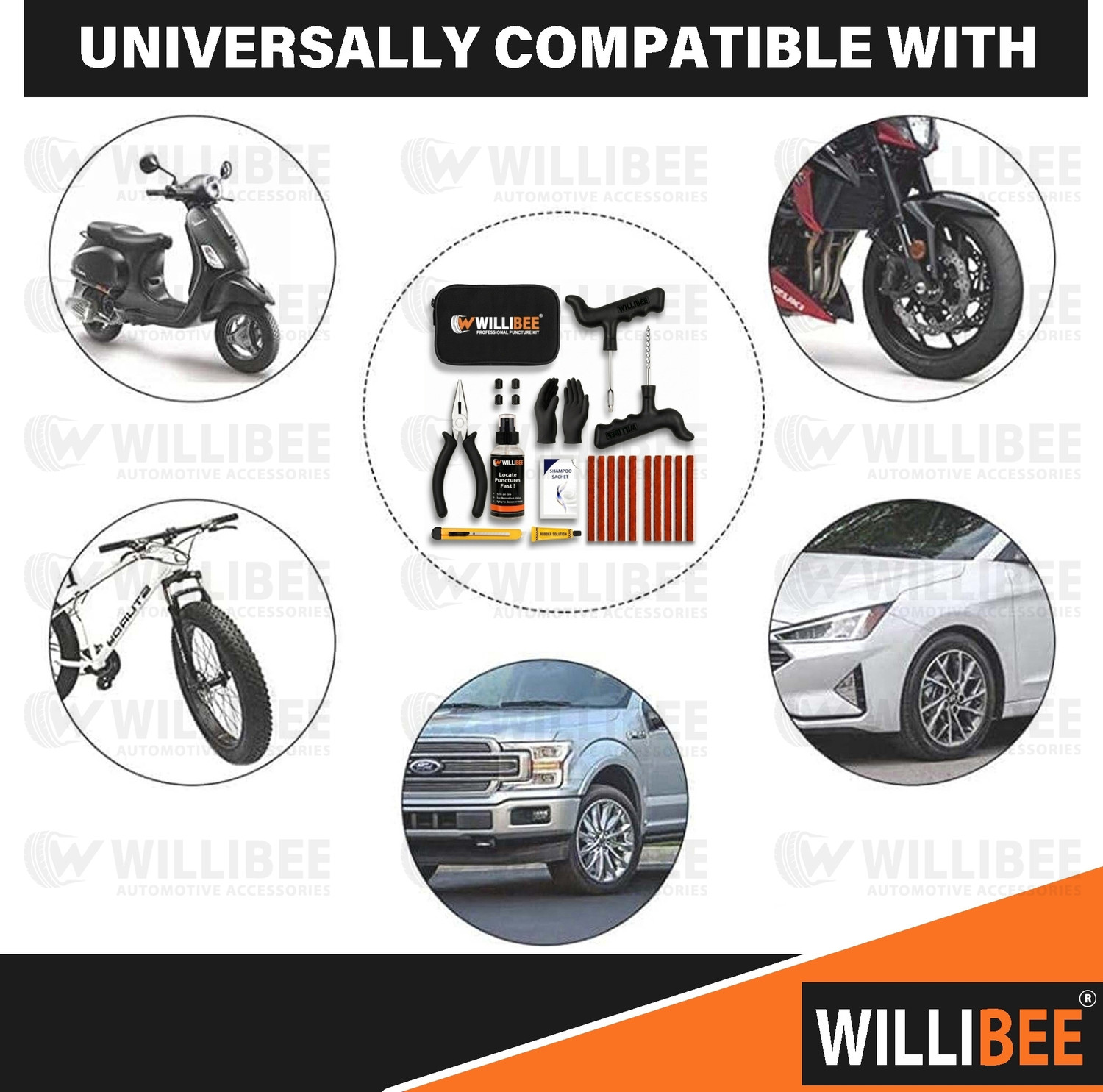 Image of WILLIBEE 11-in-1 (Pack of 10 Strips) for Car & Bike | Puncher Kit (with Storage Bag) Tubeless Tyre Puncture Repair Kit