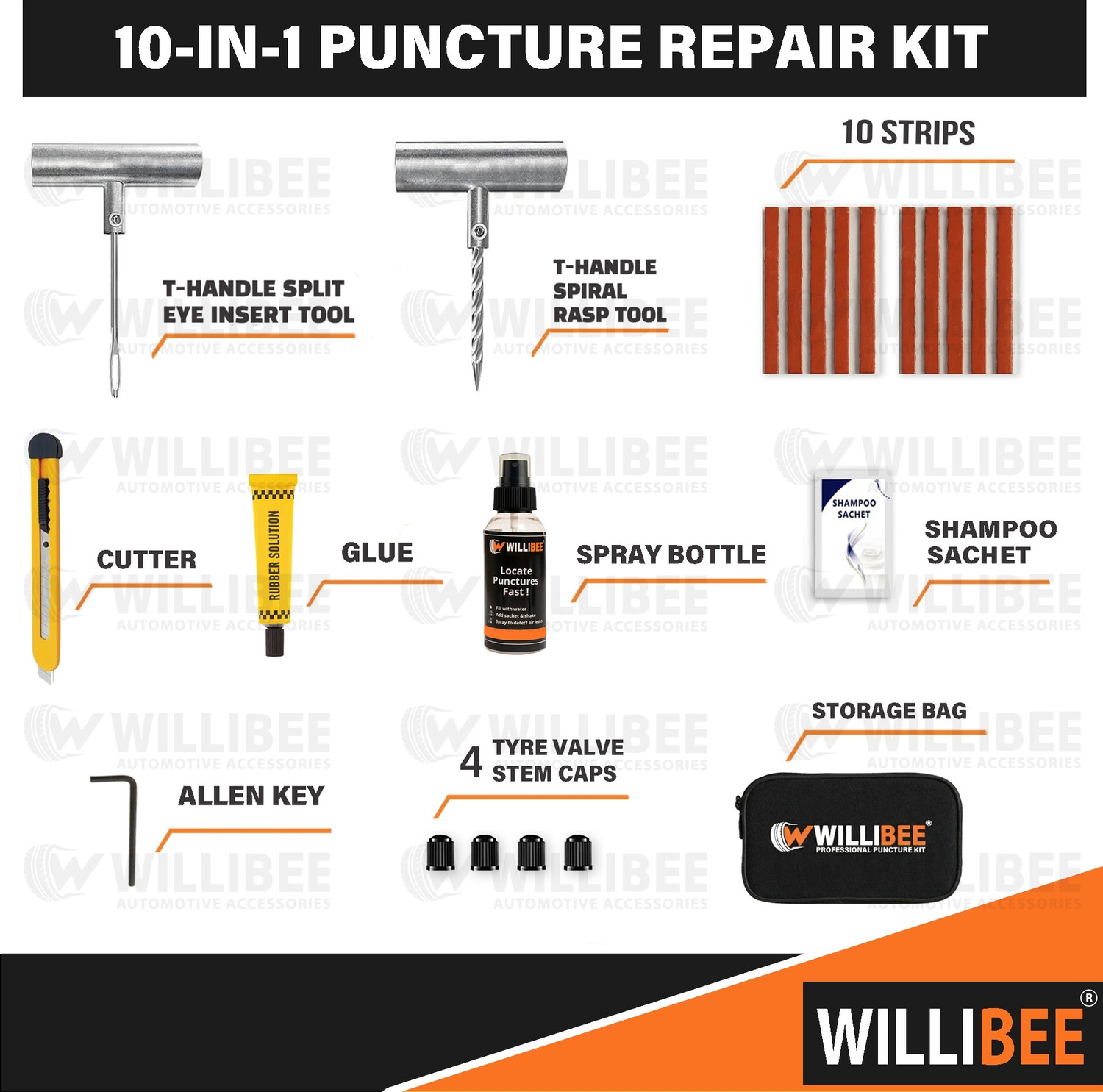 Image of WILLIBEE 10-in-1 Heavy Duty Metal Set (10 Puncher Strips) for Bike & Car (Storage Bag) Tubeless Tyre Puncture Repair Kit