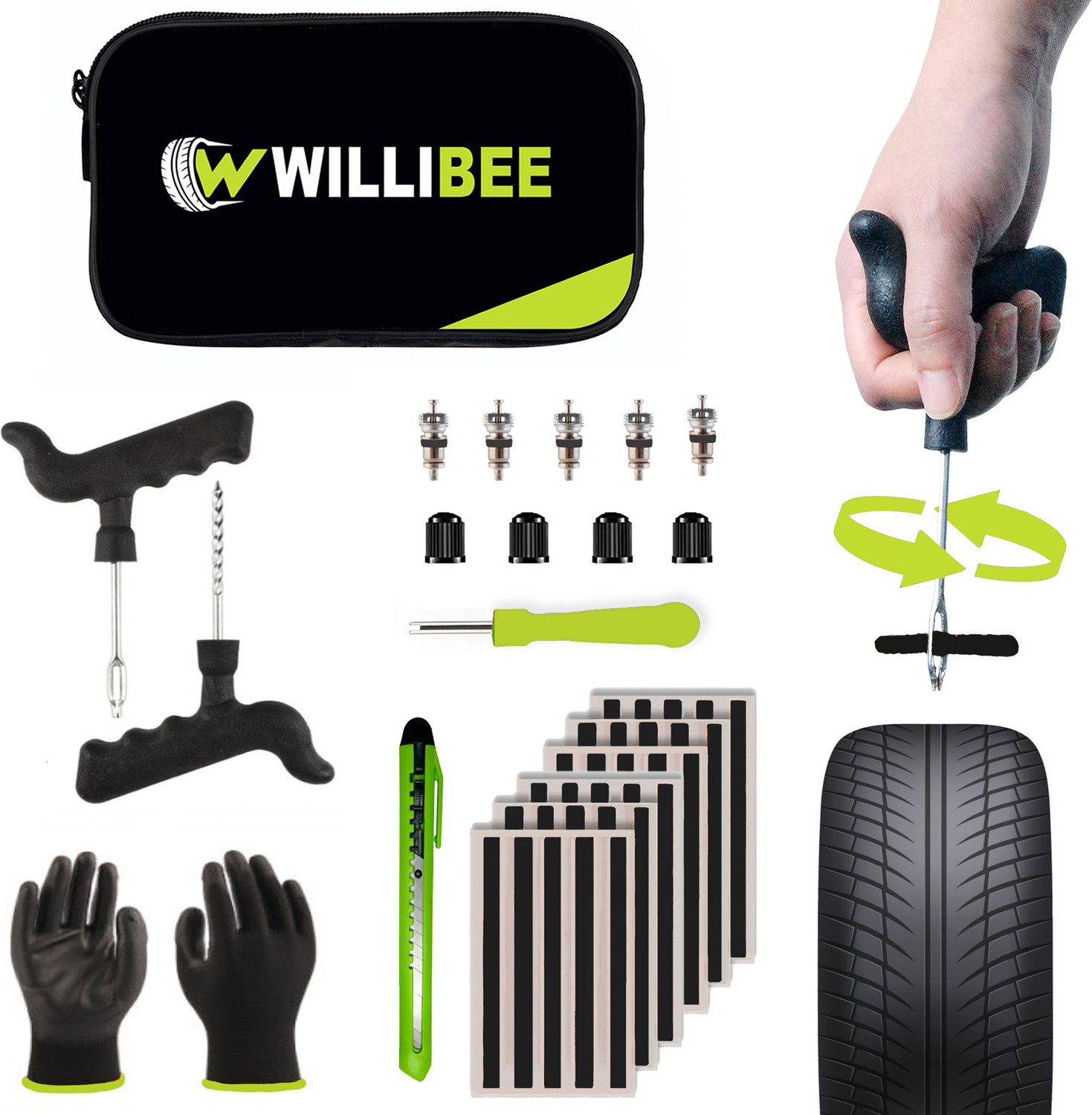 Image of WILLIBEE 9-in-1 (Pack of 30 Strips) Puncher Repair Kit for Car & Bike (with Storage Bag) Tubeless Tyre Puncture Repair Kit