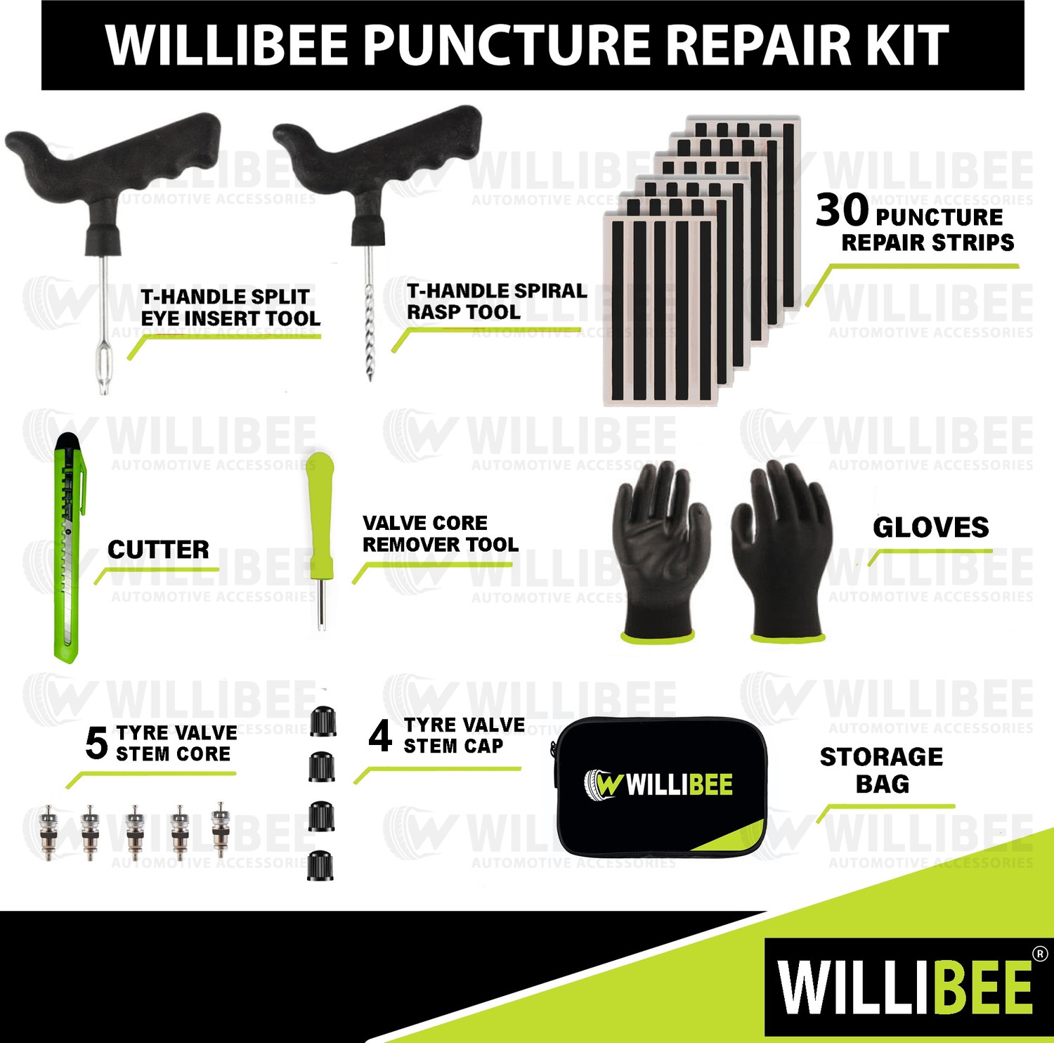 Image of WILLIBEE 9-in-1 (Pack of 30 Strips) Puncher Repair Kit for Car & Bike (with Storage Bag) Tubeless Tyre Puncture Repair Kit