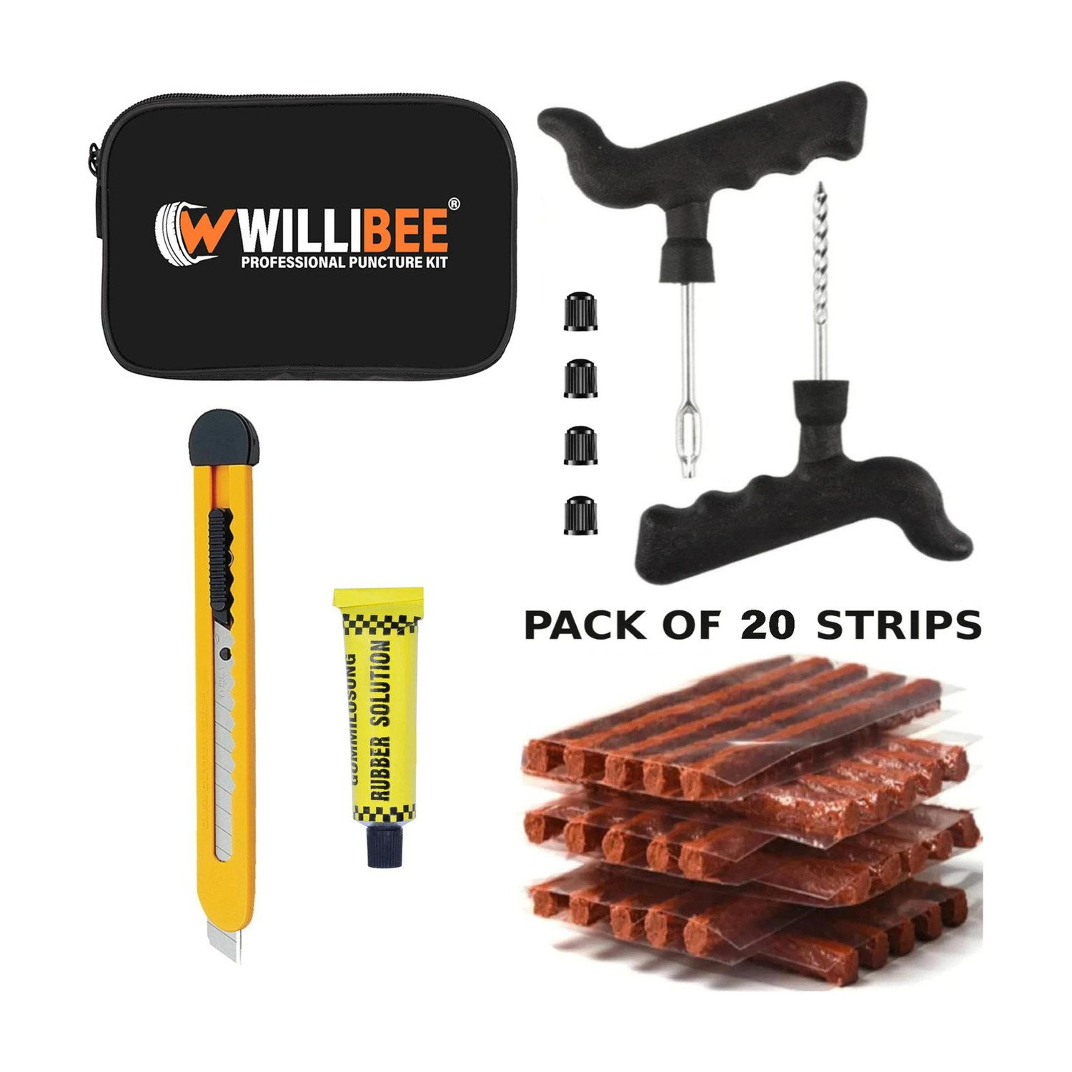 Image of WILLIBEE 7-in-1 (Pack of 20 Puncher Strips) Tool Set for Bike & Car (with Storage Bag) Tubeless Tyre Puncture Repair Kit