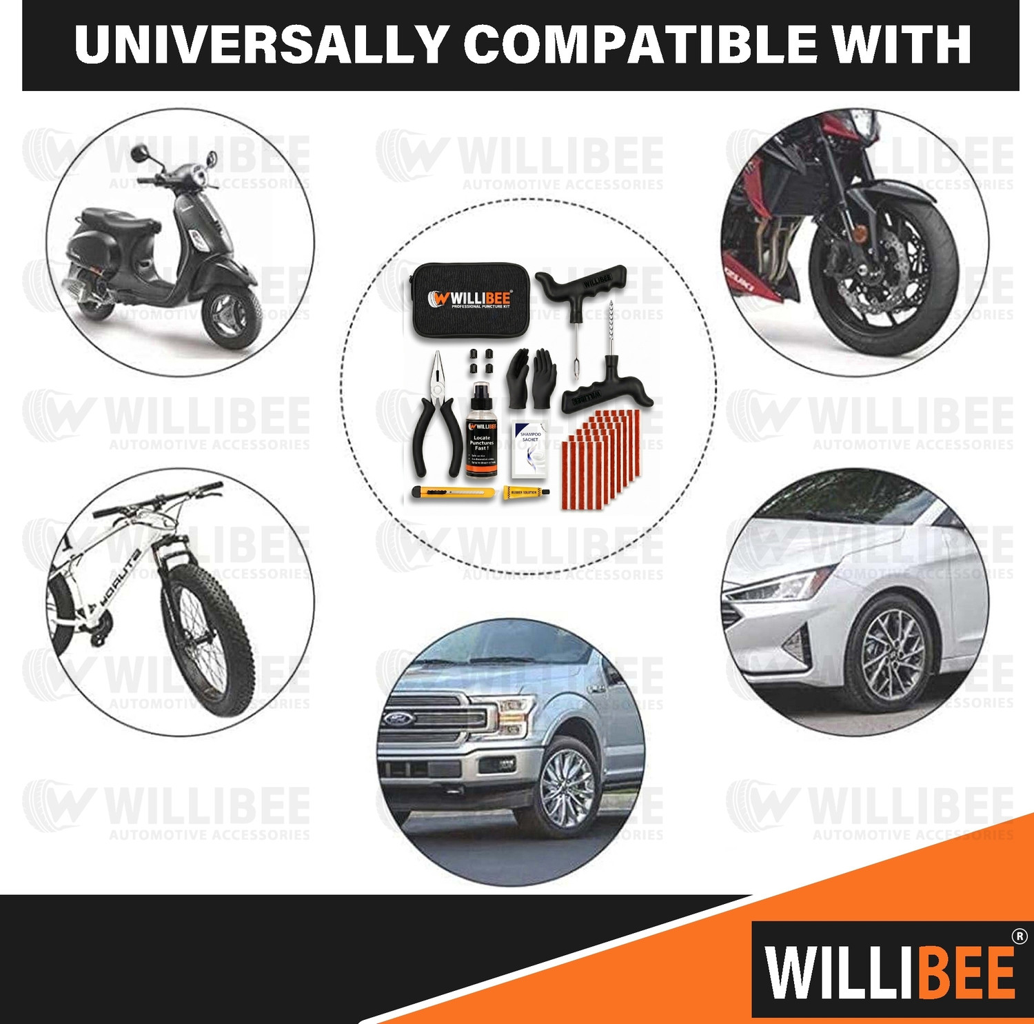 Image of WILLIBEE 11-in-1 (Pack of 30 Strips) for Car & Bike | Puncher Kit (with Storage Bag) Tubeless Tyre Puncture Repair Kit