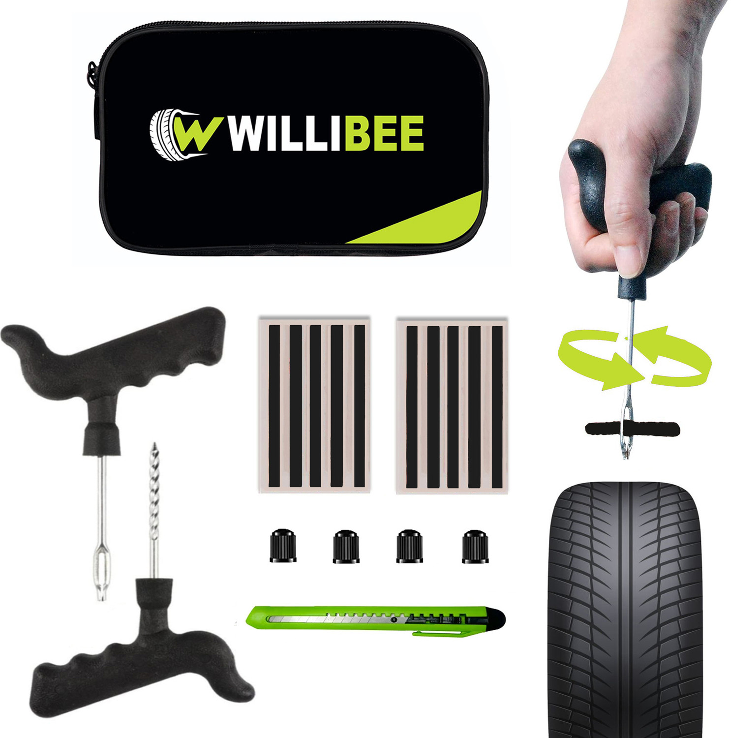Image of WILLIBEE 6-in-1 Puncher Repair Kit for Car & Bike (with Storage Bag) Tubeless Tyre Puncture Repair Kit