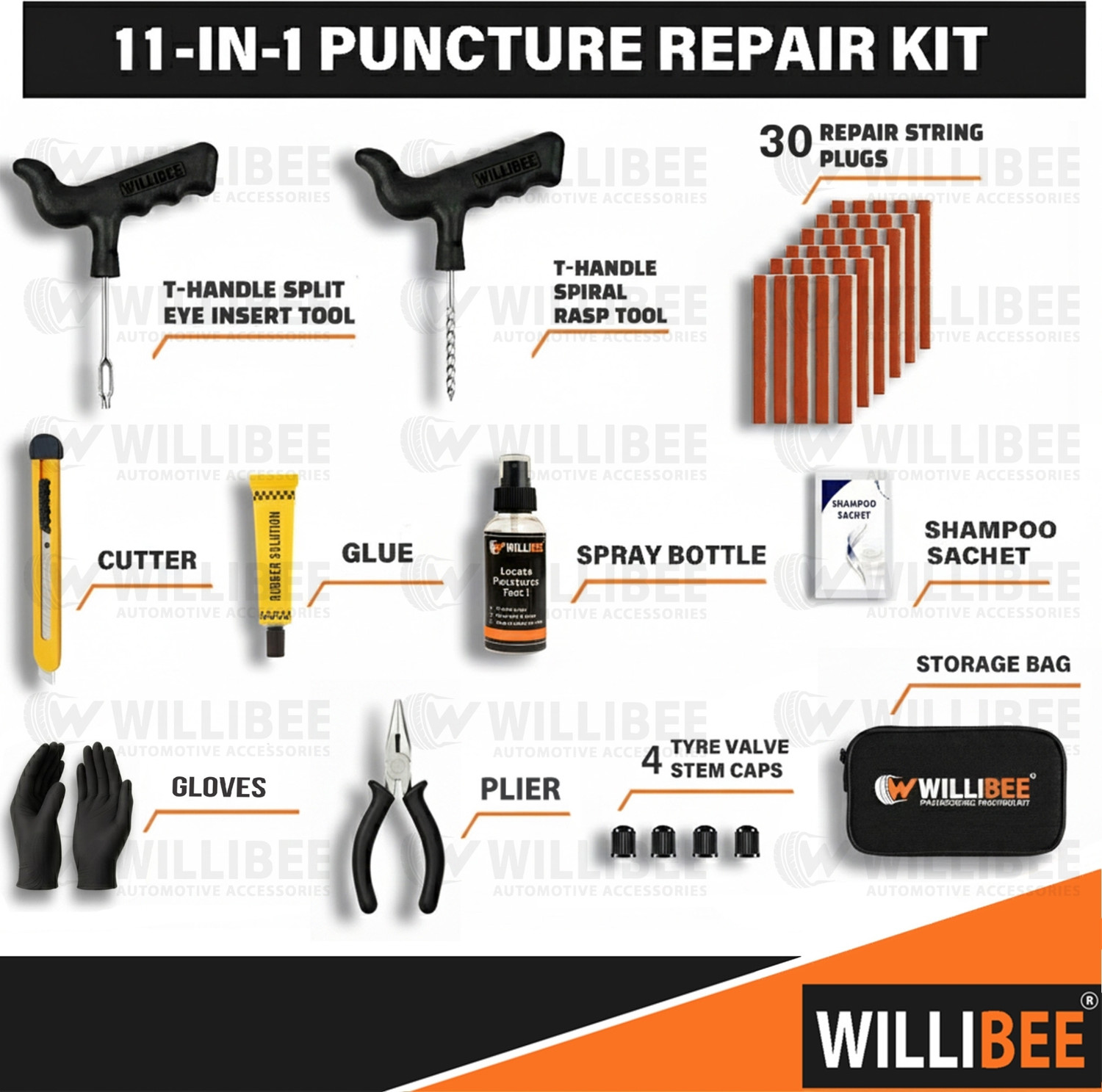 Image of WILLIBEE 11-in-1 (Pack of 30 Strips) for Car & Bike | Puncher Kit (with Storage Bag) Tubeless Tyre Puncture Repair Kit