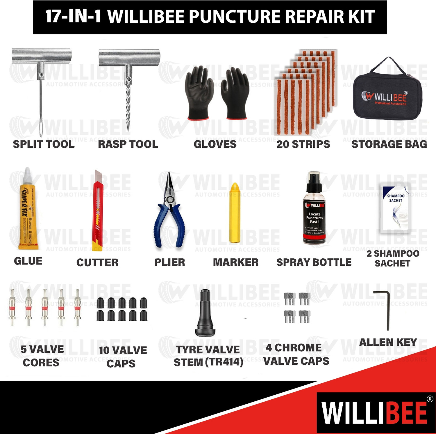 Image of WILLIBEE 17-in-1 (20 Puncher Strips) Heavy Duty Metal Set for Bike & Car (Storage Bag) Tubeless Tyre Puncture Repair Kit