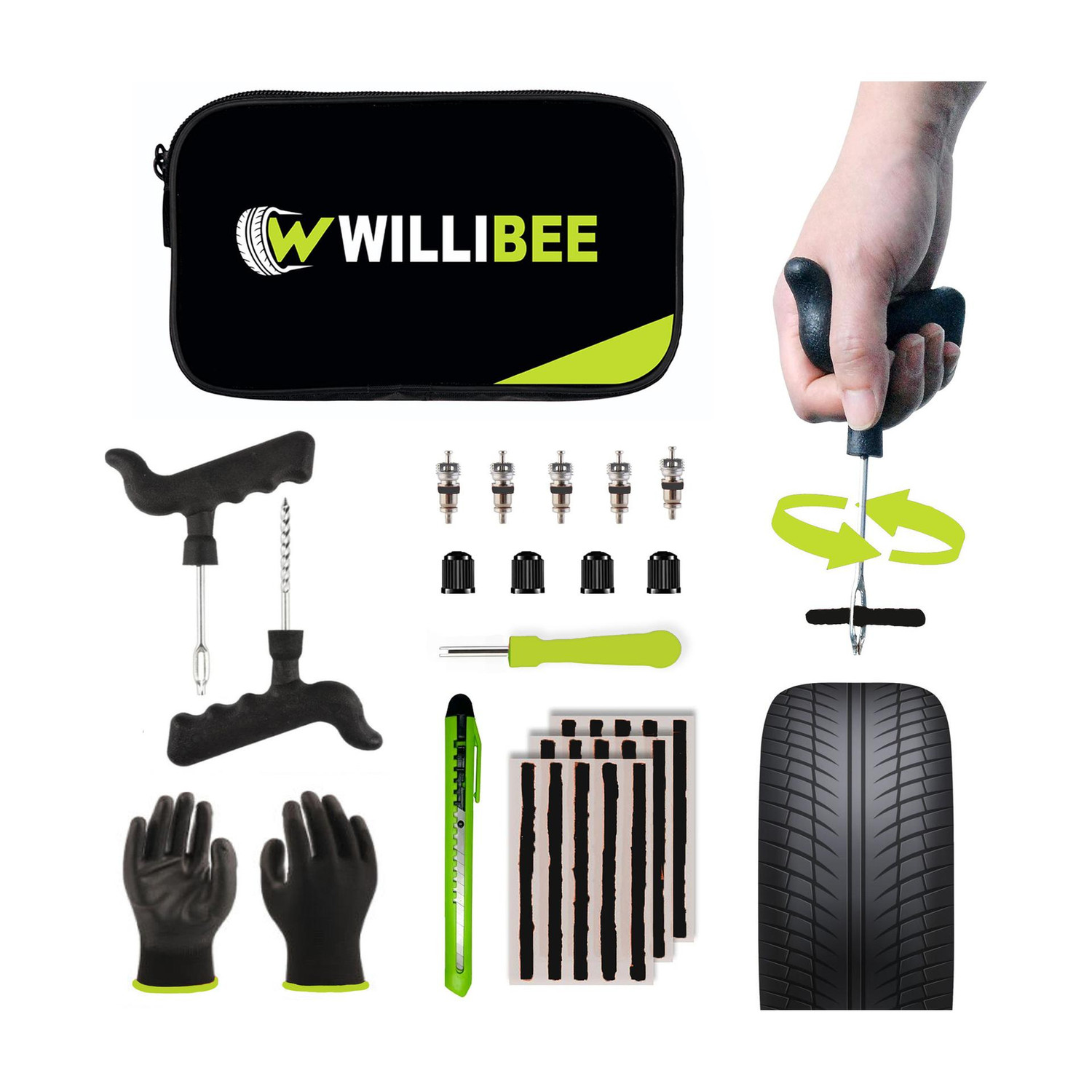 Image of WILLIBEE 9-in-1 Tubeless Tyre Puncher Repair Kit for Bike, Car & SUV (with Storage Bag) Tubeless Tyre Puncture Repair Kit
