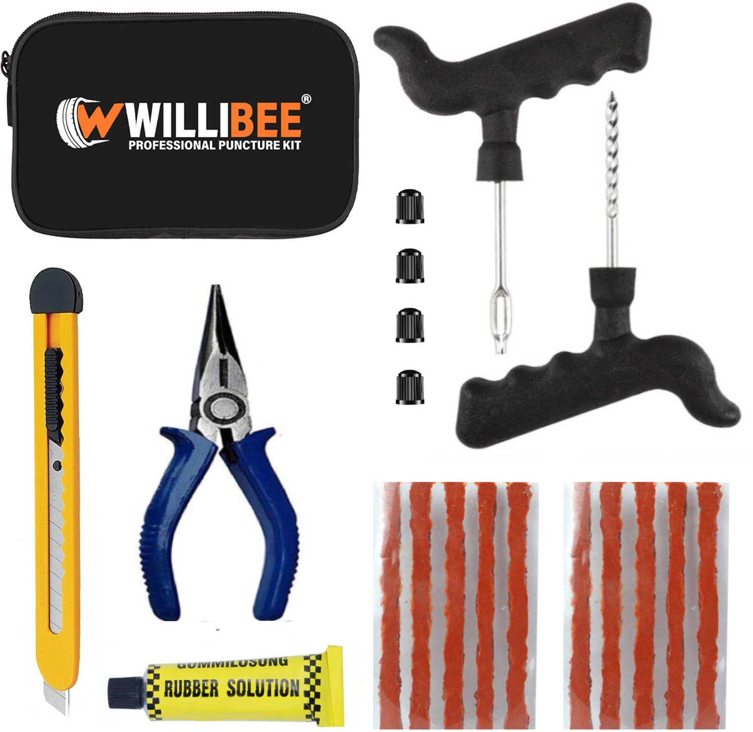 Image of WILLIBEE WB-2,6 in 1 Universal Tubeless Tire Puncher Kit (with storage box) Tubeless Tyre Puncture Repair Kit