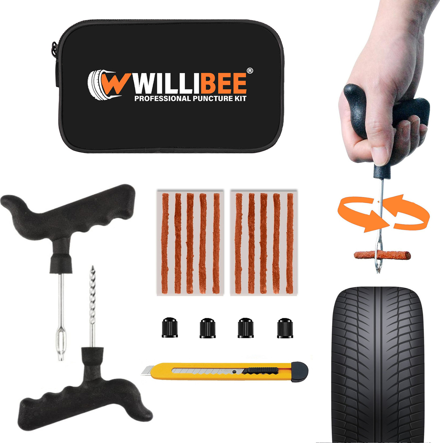 Image of WILLIBEE 6-in-1 Tubeless Tyre Puncher Repair Kit for Car, Bike & SUV (with Storage Bag) Tubeless Tyre Puncture Repair Kit