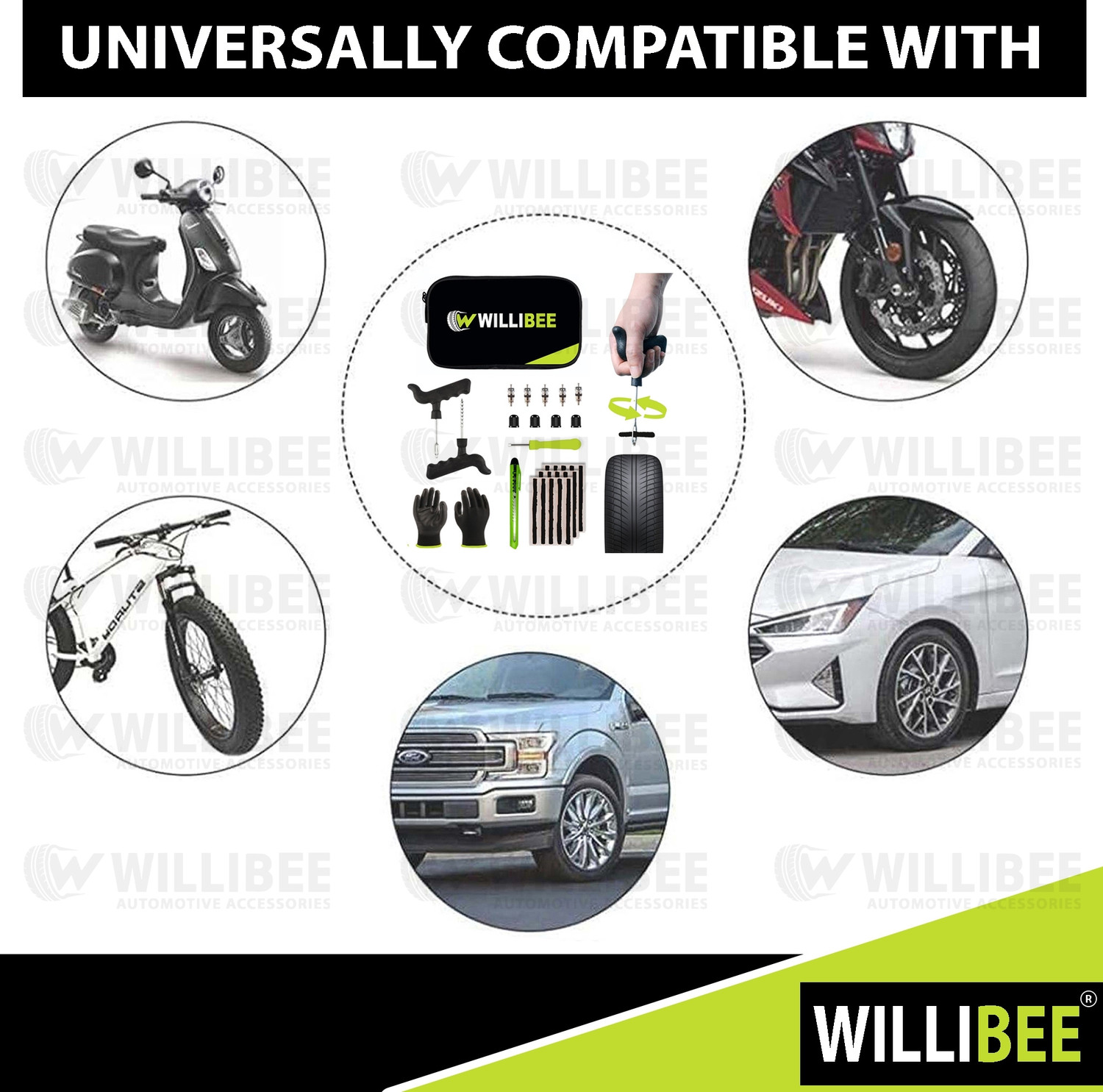 Image of WILLIBEE 9-in-1 Tubeless Tyre Puncher Repair Kit for Bike, Car & SUV (with Storage Bag) Tubeless Tyre Puncture Repair Kit