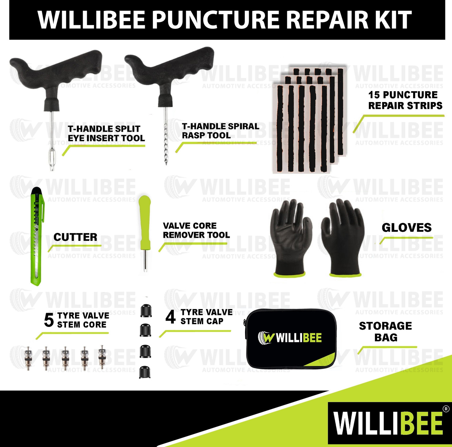 Image of WILLIBEE 9-in-1 Tubeless Tyre Puncher Repair Kit for Bike, Car & SUV (with Storage Bag) Tubeless Tyre Puncture Repair Kit