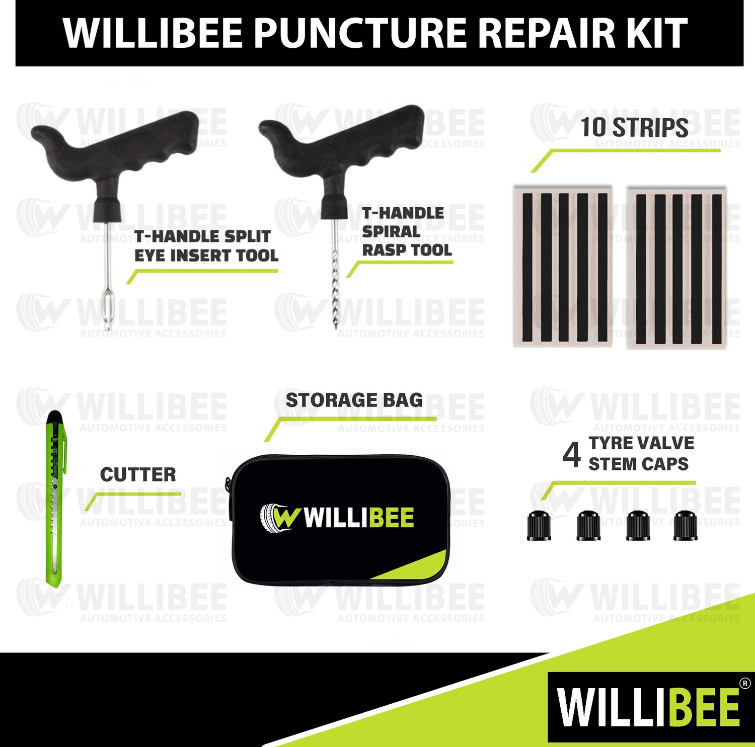 Image of WILLIBEE 6-in-1 Puncher Repair Kit for Car & Bike (with Storage Bag) Tubeless Tyre Puncture Repair Kit