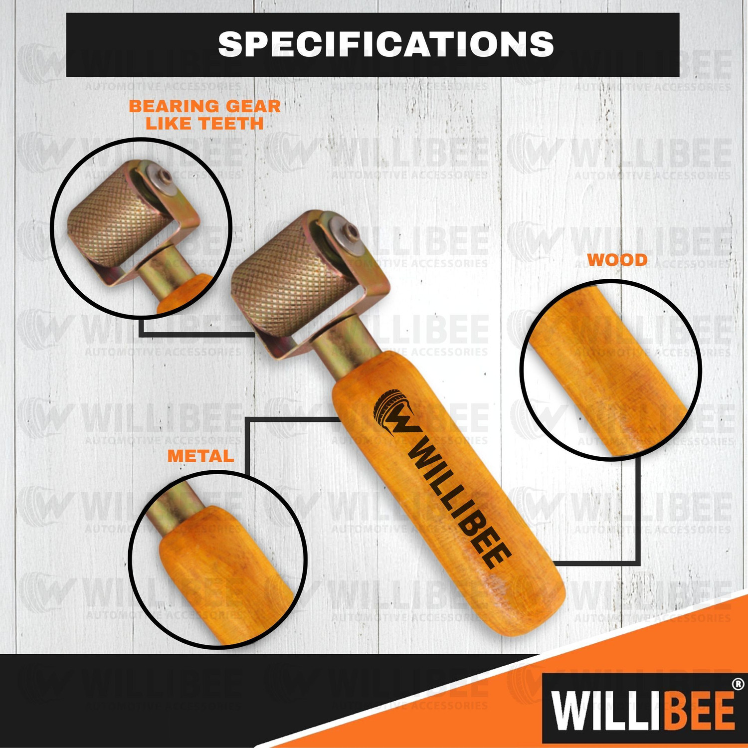 Image of WILLIBEE Tyre Patch Tool | Wooden Handle Tire Puncher Patch Stitch Roller with Bearing Tubeless Tyre Puncture Repair Kit