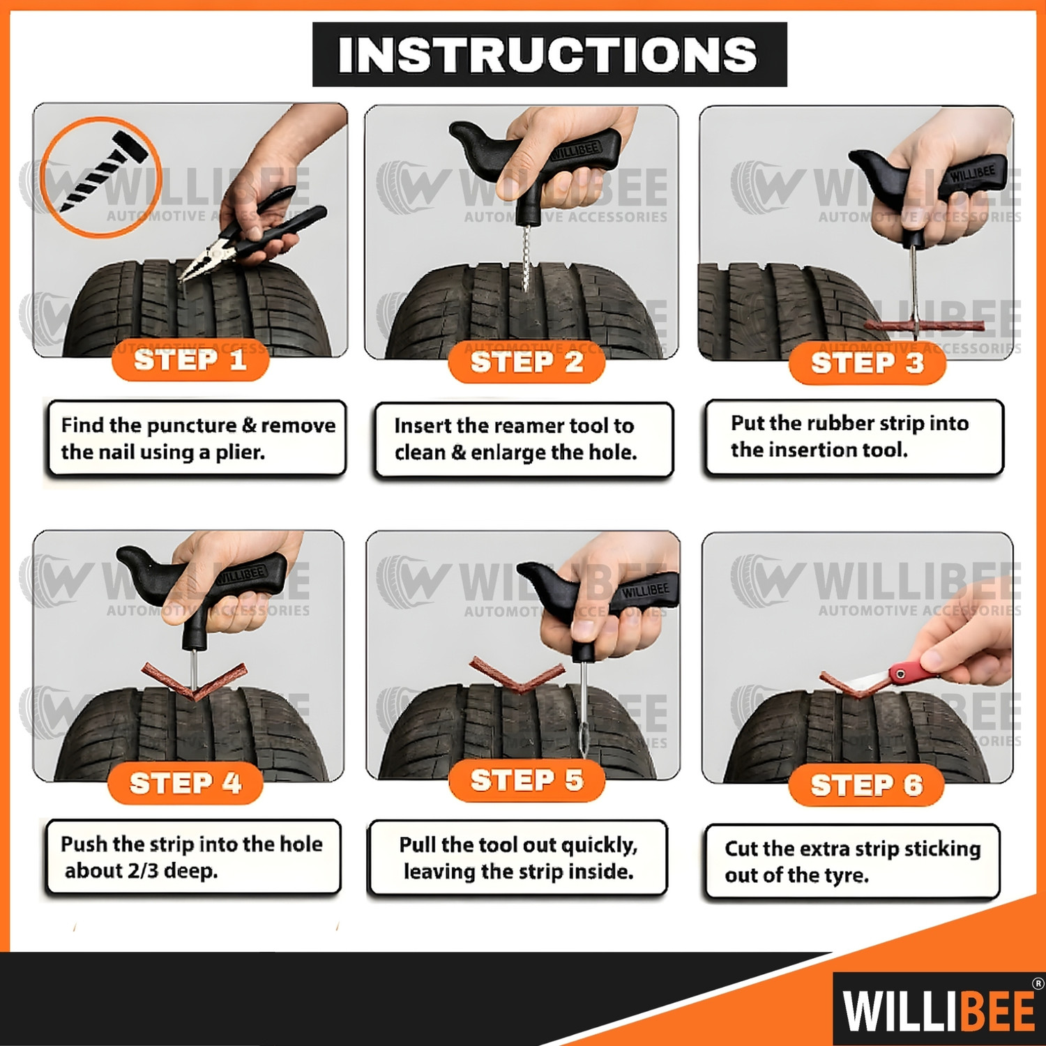 Image of WILLIBEE 6-in-1 Tubeless Tyre Puncher Repair Kit for Car, Bike & SUV (with Storage Bag) Tubeless Tyre Puncture Repair Kit