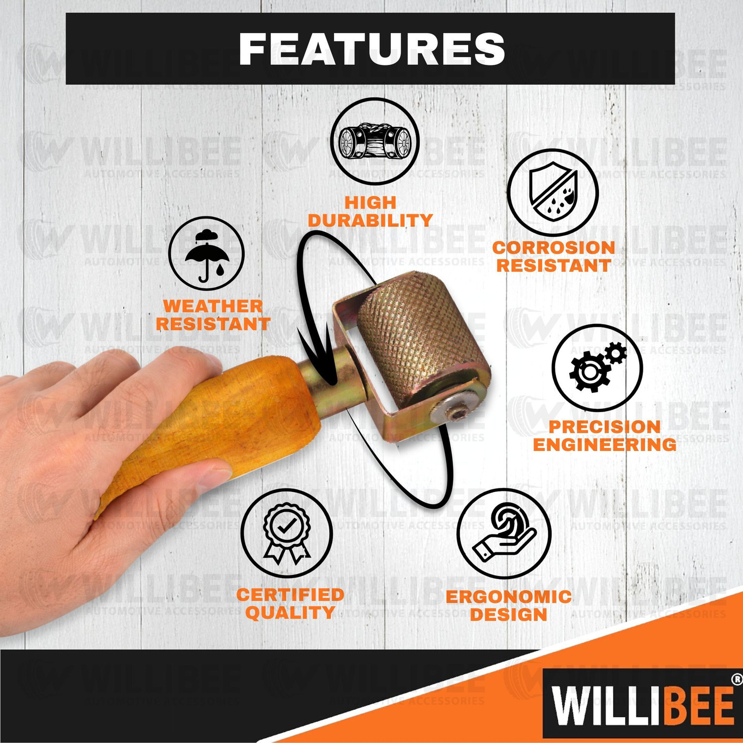 Image of WILLIBEE Tyre Patch Tool | Wooden Handle Tire Puncher Patch Stitch Roller with Bearing Tubeless Tyre Puncture Repair Kit