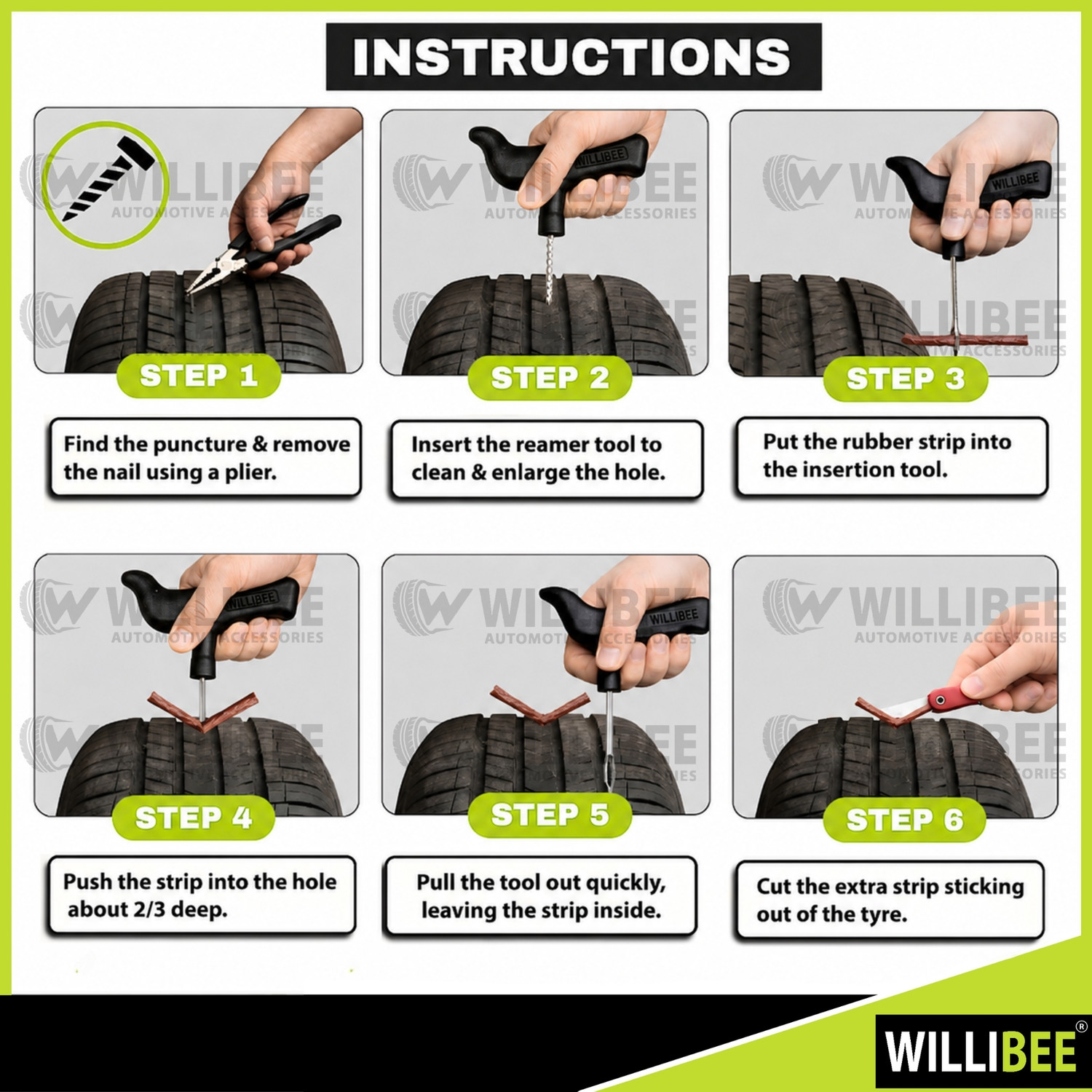 Image of WILLIBEE 9-in-1 (Pack of 30 Strips) Puncher Repair Kit for Car & Bike (with Storage Bag) Tubeless Tyre Puncture Repair Kit