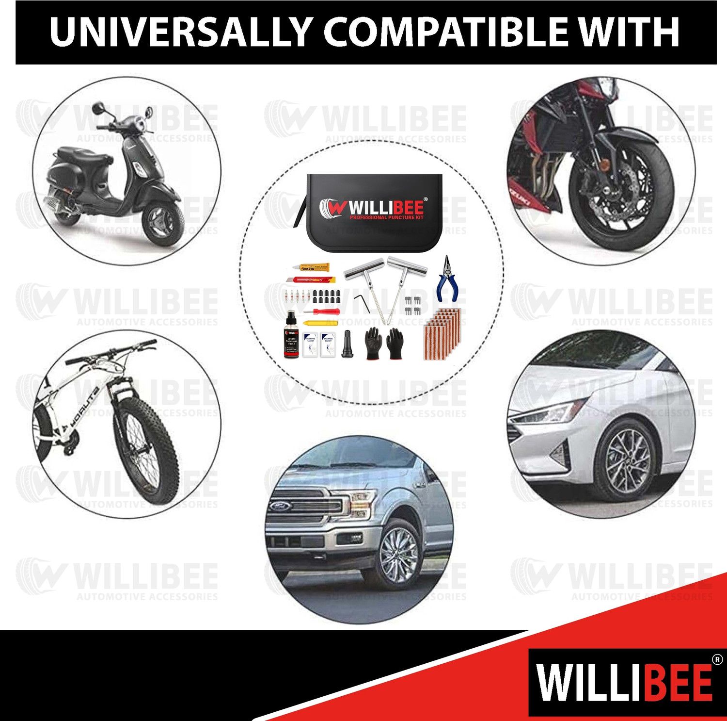 Image of WILLIBEE 17-in-1 (20 Puncher Strips) Heavy Duty Metal Set for Bike & Car (Storage Bag) Tubeless Tyre Puncture Repair Kit