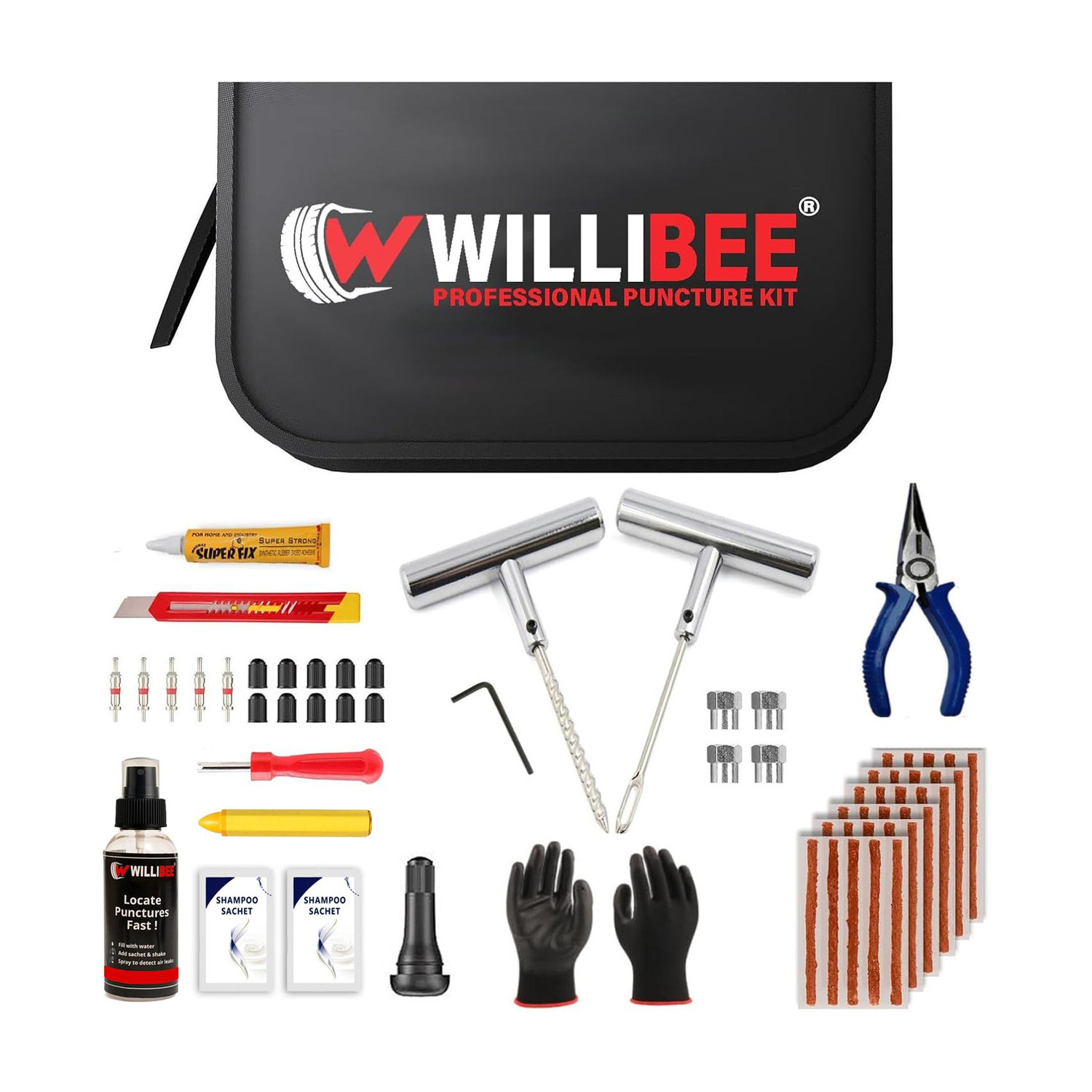 Image of WILLIBEE 17-in-1 (20 Puncher Strips) Heavy Duty Metal Set for Bike & Car (Storage Bag) Tubeless Tyre Puncture Repair Kit