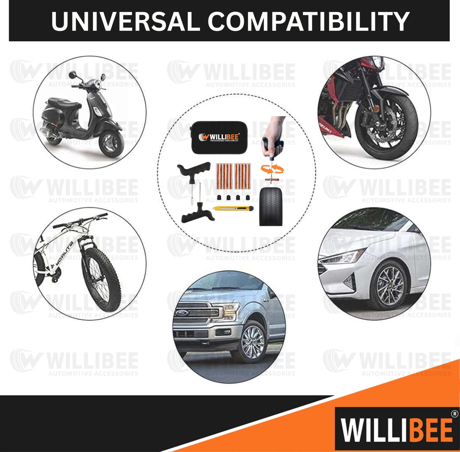 Image of WILLIBEE 6-in-1 Tubeless Tyre Puncher Repair Kit for Car, Bike & SUV (with Storage Bag) Tubeless Tyre Puncture Repair Kit
