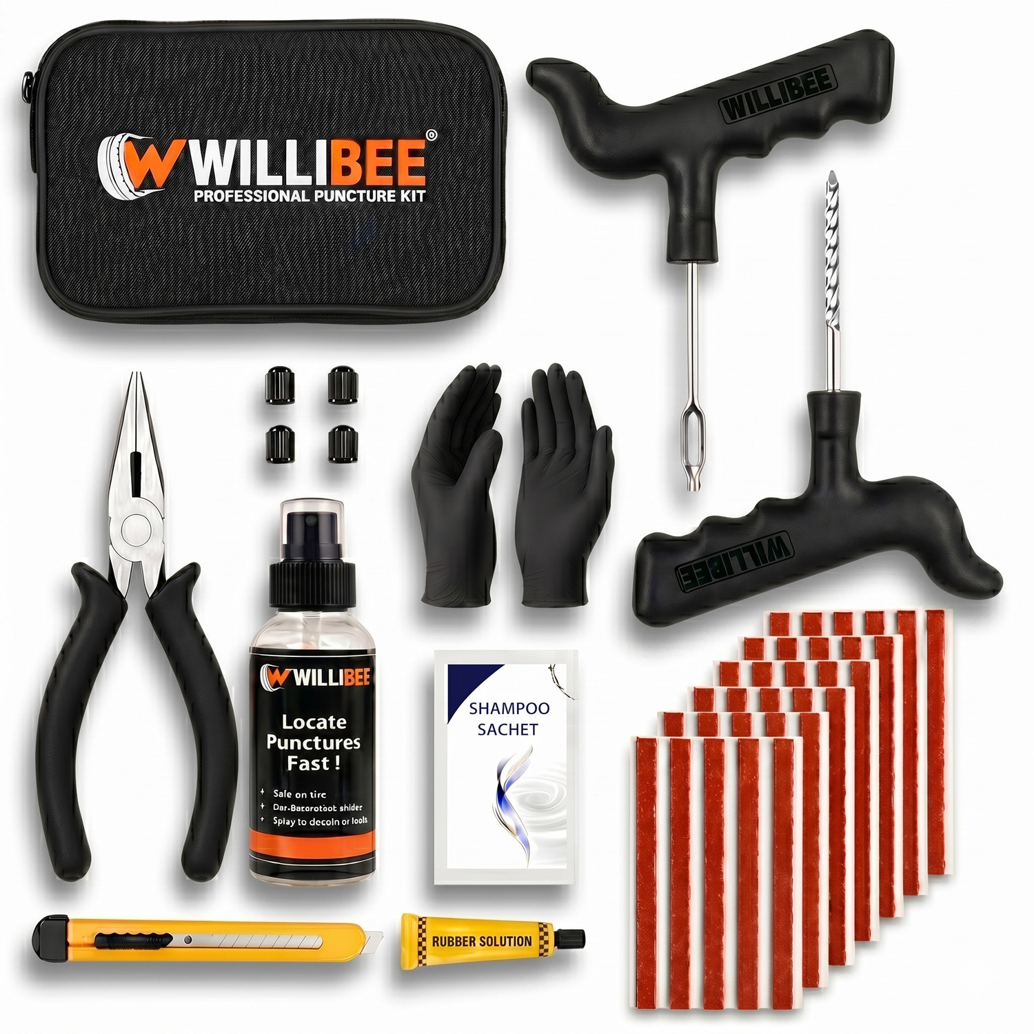 Image of WILLIBEE 11-in-1 (Pack of 30 Strips) for Car & Bike | Puncher Kit (with Storage Bag) Tubeless Tyre Puncture Repair Kit