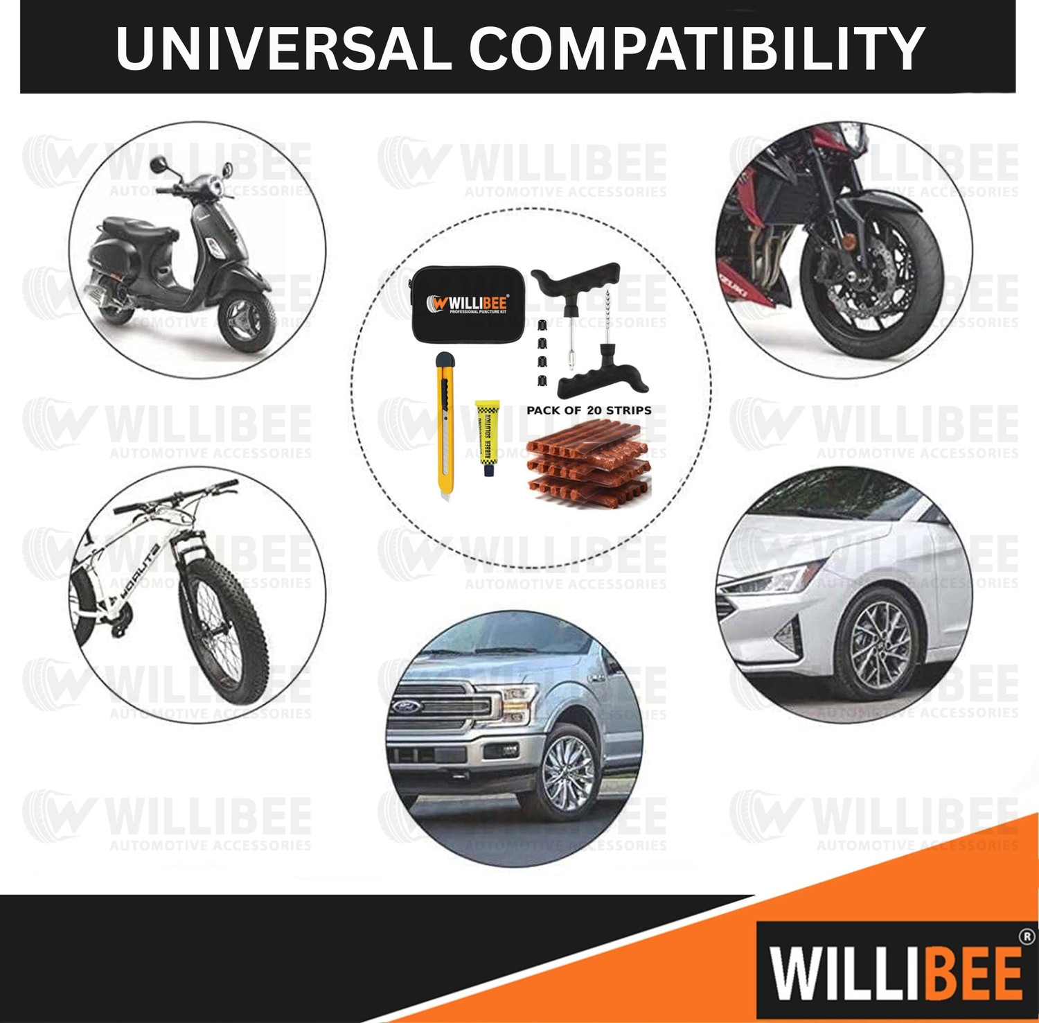 Image of WILLIBEE 7-in-1 (Pack of 20 Puncher Strips) Tool Set for Bike & Car (with Storage Bag) Tubeless Tyre Puncture Repair Kit