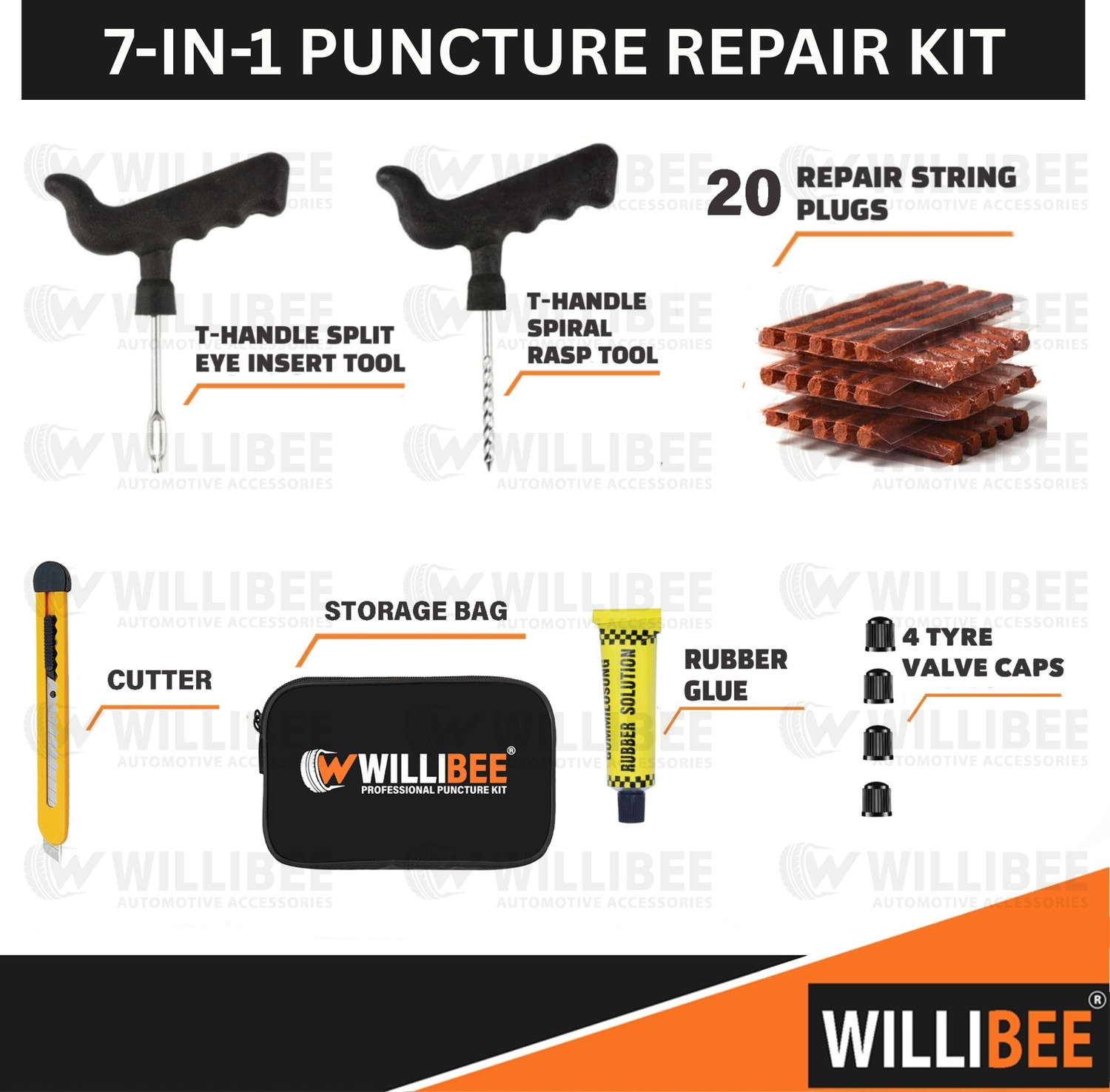 Image of WILLIBEE 7-in-1 (Pack of 20 Puncher Strips) Tool Set for Bike & Car (with Storage Bag) Tubeless Tyre Puncture Repair Kit