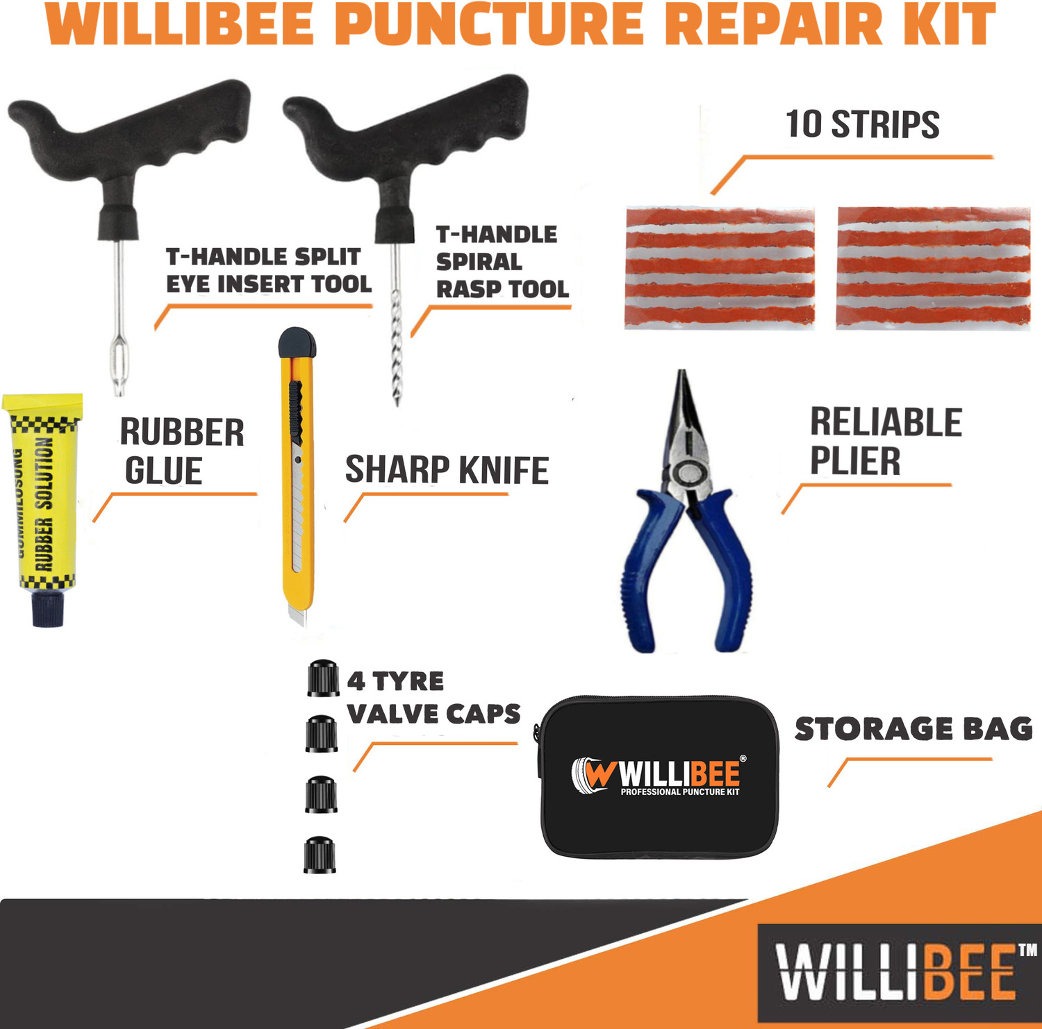 Image of WILLIBEE WB-2,6 in 1 Universal Tubeless Tire Puncher Kit (with storage box) Tubeless Tyre Puncture Repair Kit