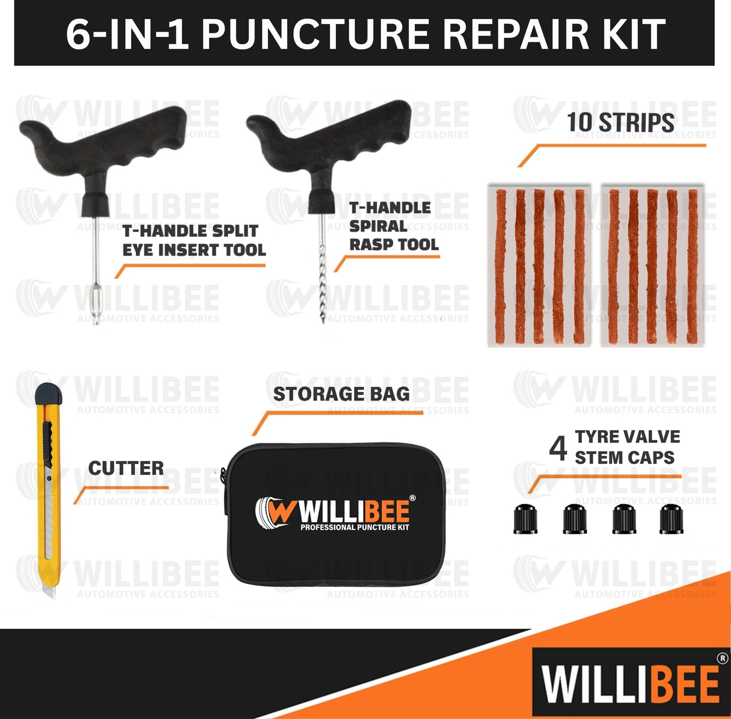 Image of WILLIBEE 6-in-1 Tubeless Tyre Puncher Repair Kit for Car, Bike & SUV (with Storage Bag) Tubeless Tyre Puncture Repair Kit