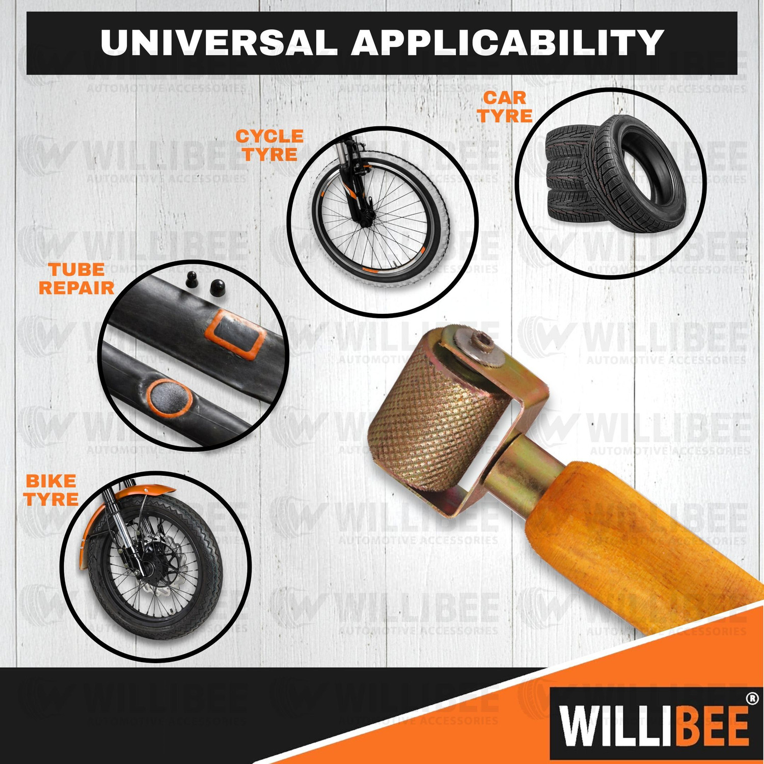 Image of WILLIBEE Tyre Patch Tool | Wooden Handle Tire Puncher Patch Stitch Roller with Bearing Tubeless Tyre Puncture Repair Kit