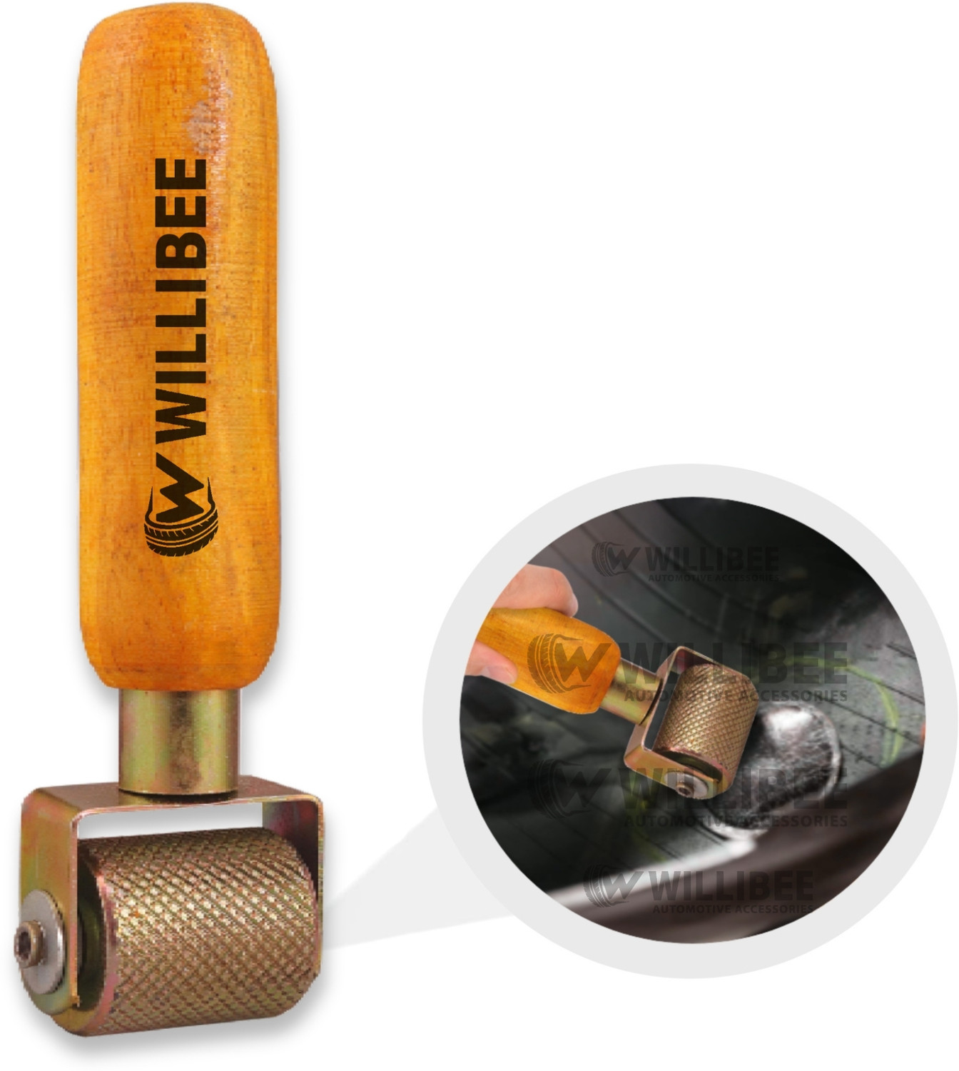 Image of WILLIBEE Tyre Patch Tool | Wooden Handle Tire Puncher Patch Stitch Roller with Bearing Tubeless Tyre Puncture Repair Kit