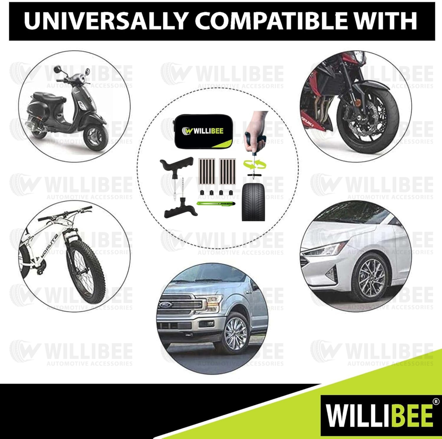 Image of WILLIBEE 6-in-1 Puncher Repair Kit for Car & Bike (with Storage Bag) Tubeless Tyre Puncture Repair Kit