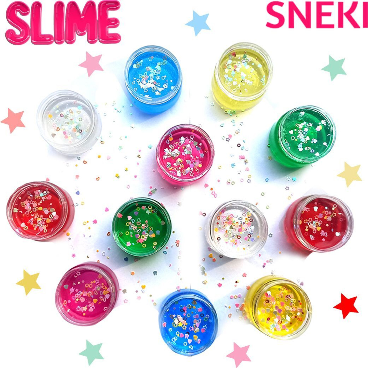 Image of sneki set Of 12 Slime Magic Crystal Jelly clay toys kit for girls boys kids with Stars Red, Green, Pink, Yellow, Blue, Clear Putty Toy