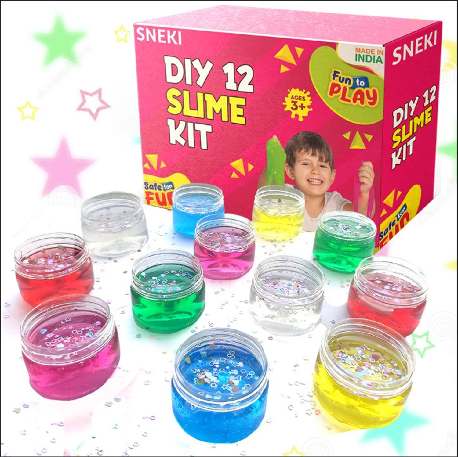 Image of sneki set Of 12 Slime Magic Crystal Jelly clay toys kit for girls boys kids with Stars Red, Green, Pink, Yellow, Blue, Clear Putty Toy