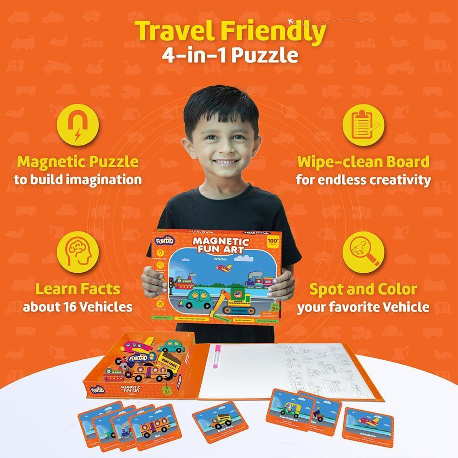 Image of Funtad Magnetic Puzzle - Learn 16 Vehicle 4 in 1 game with Writable Board (Gift Age 3)