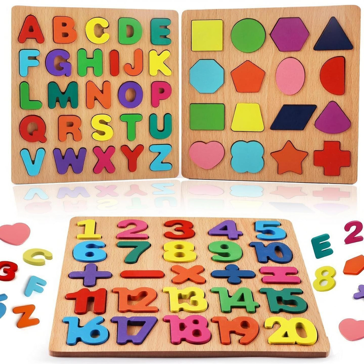 Image of Vervita Kids Colorful Wooden Puzzle Set Featuring 3D Capital Alphabets, Numbers, Shapes