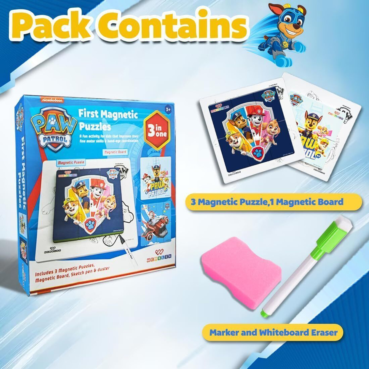 Image of Wembley Paw Patrol Jigsaw Magnetic Puzzle for Kids 3+ Years - 3 in 1 Educational Fun