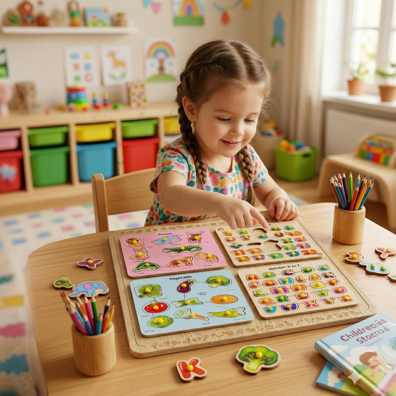Alafi 4-in-1 Kindergarten Learning , Alphabet ABCD, Numbers 0-20, Vegetables & animakl