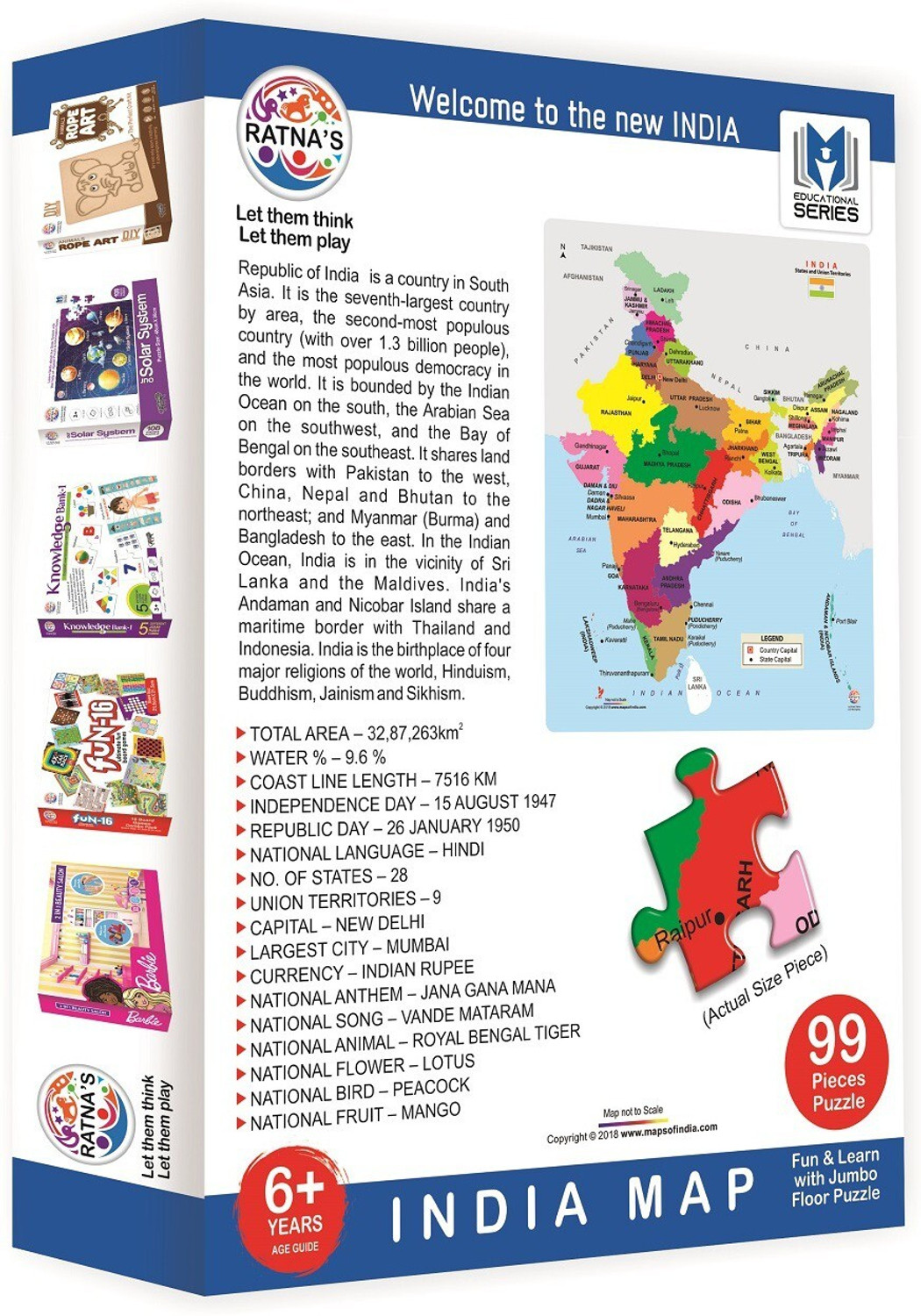 Image of Ratnas INDIA MAP JIGSAW FOR KIDS.LET YOUR KID LEARN ABOUT DIFFERENT STATES (99 Pieces)