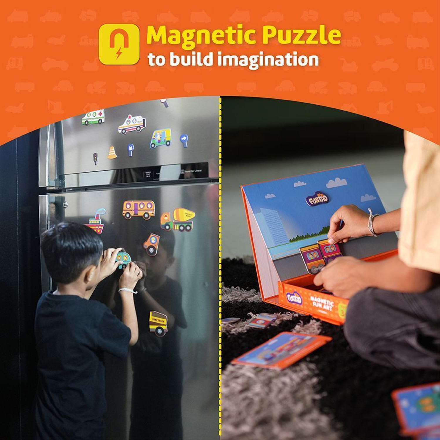 Image of Funtad Magnetic Puzzle - Learn 16 Vehicle 4 in 1 game with Writable Board (Gift Age 3)