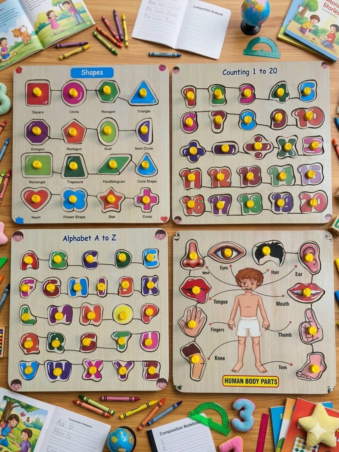 Alafi 4 in 1 ABCD, Numbers 0–20, Shapes & Body Parts Learning Combo for Kids