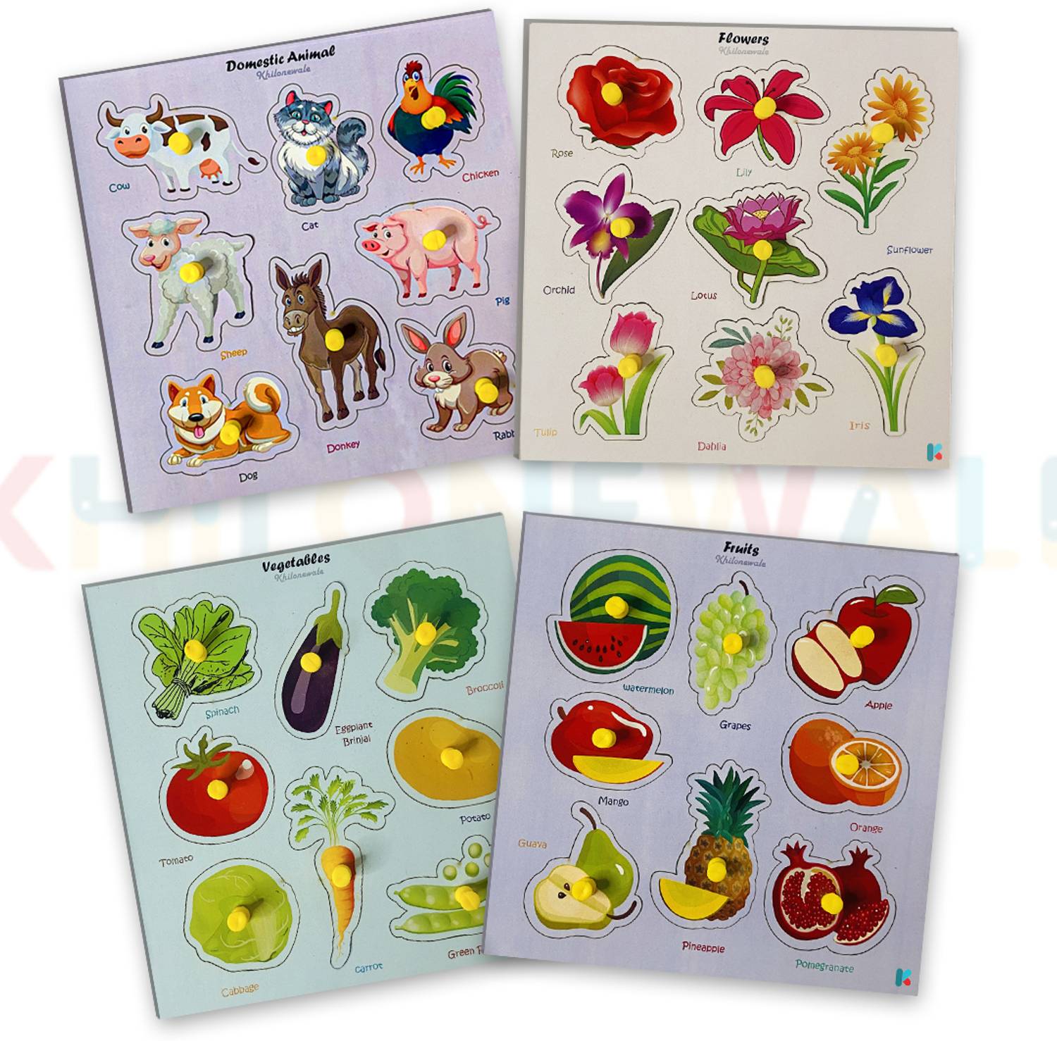 Khilonewale Set of 4 Wooden Puzzle with Knobs Educational and Lea