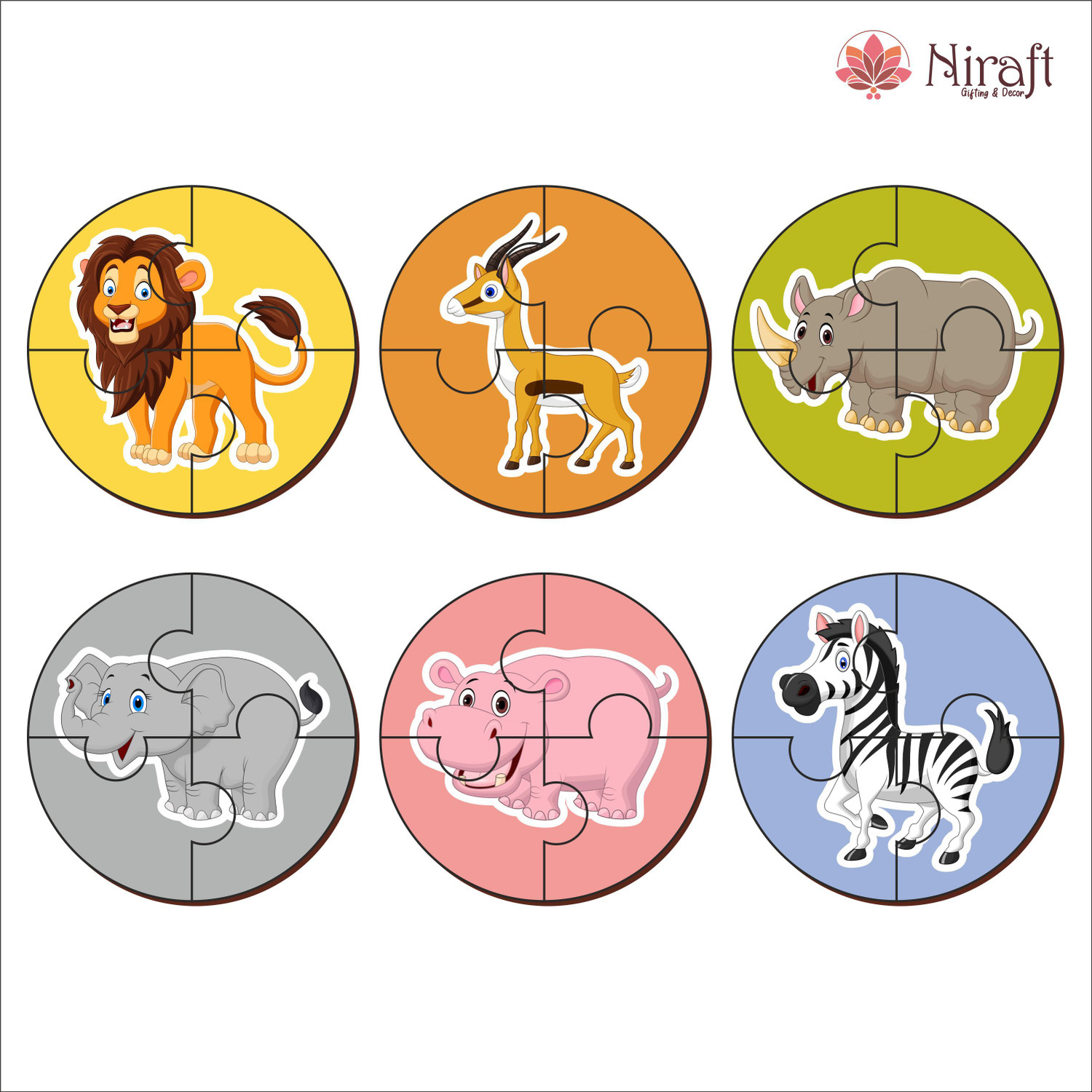Image of Niraft Wooden Wild Animals Round Jigsaw Puzzles for Kids (24 pcs) | Puzzles Toy