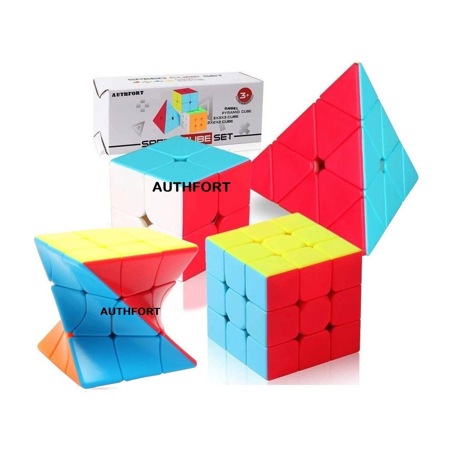Authfort 3 x 3 Twisty Cube 2X2 3x3 and Pyraminx Pyramid Triangle High Speed Stickerless Cube combo pack of 4